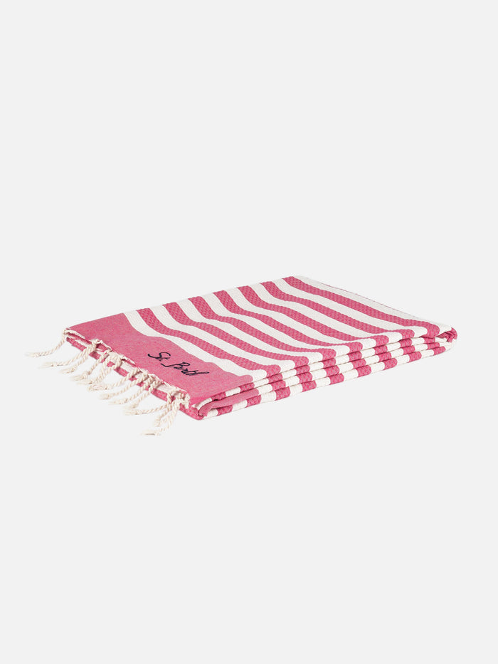 Cotton Beach Towel Fouta With Fuchsia Striped Print Pink