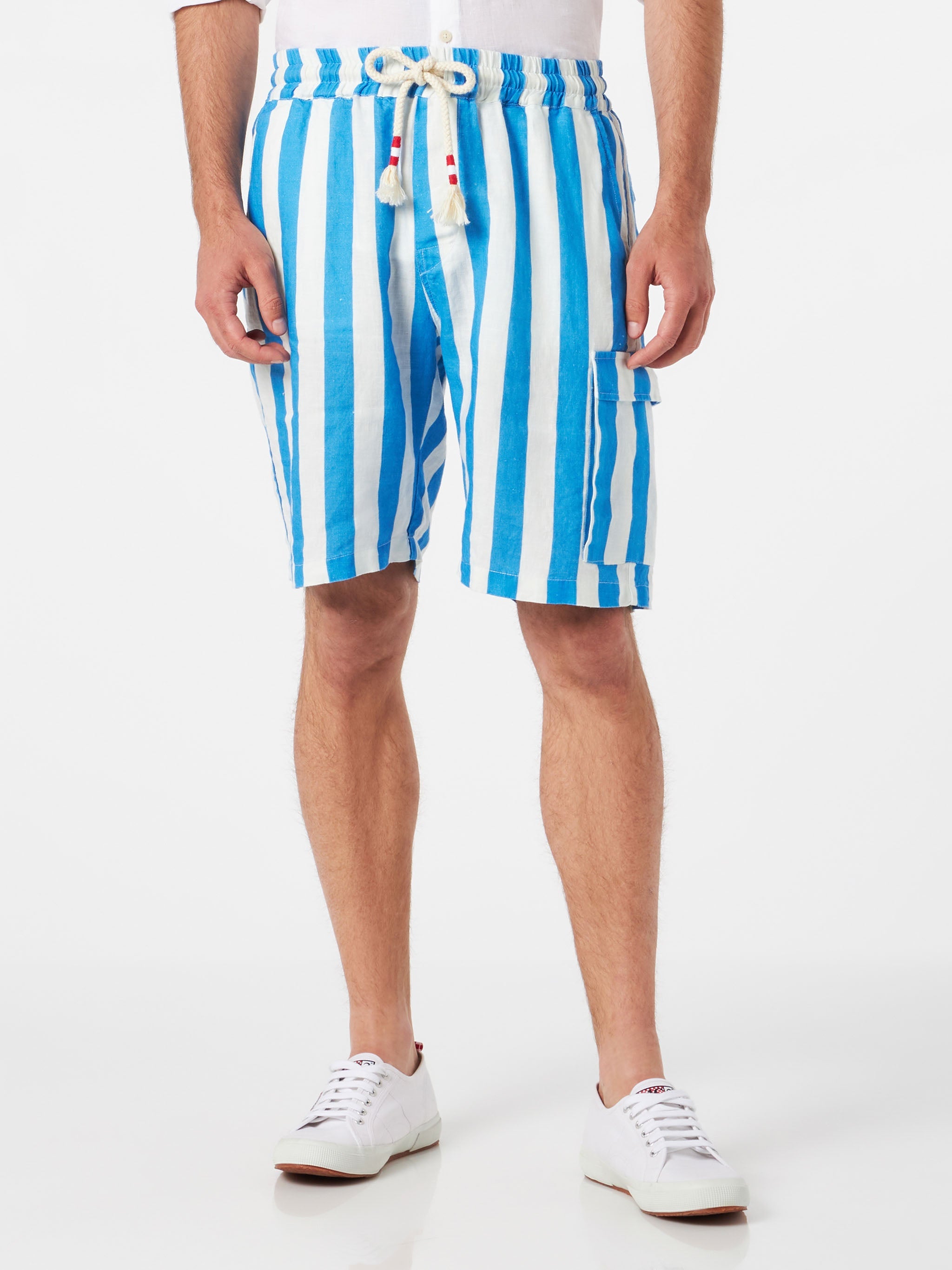 Man Linen Bermuda Shorts With White And Bluette Stripes Blue Pant