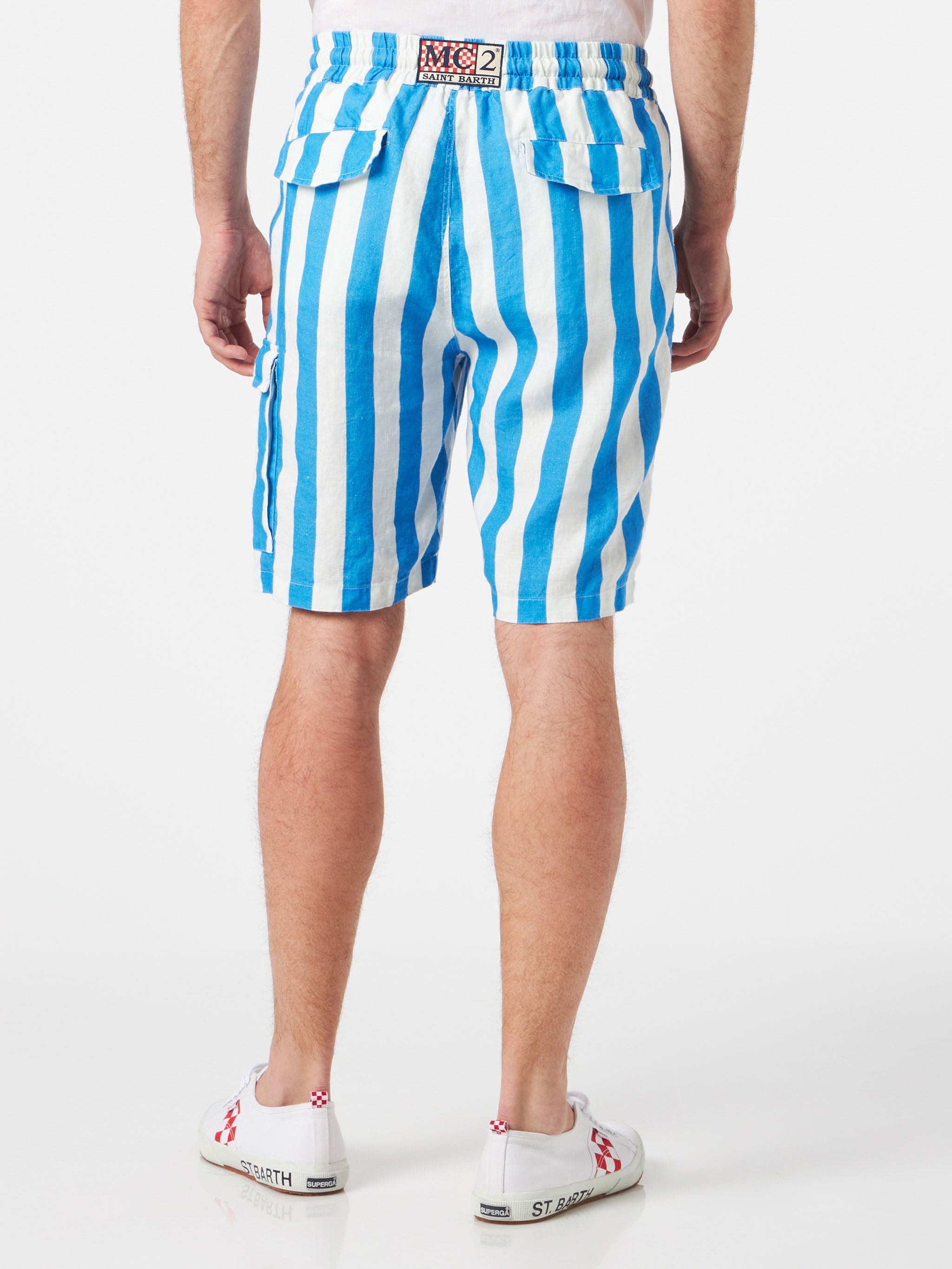 Man Linen Bermuda Shorts With White And Bluette Stripes Blue Pant