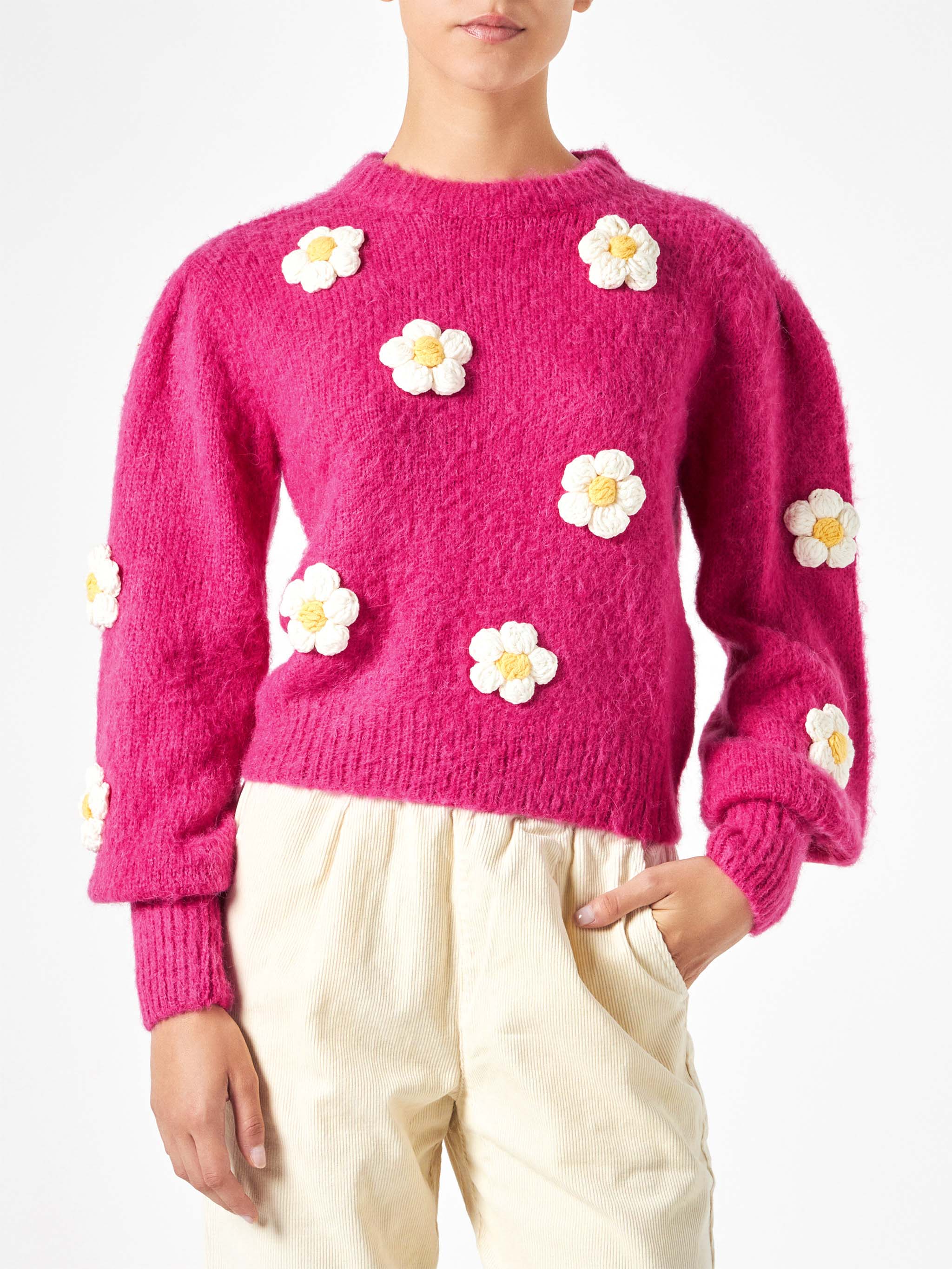 Bloom Fuchsia Brushed Sweater With Crochet Flowers Pink