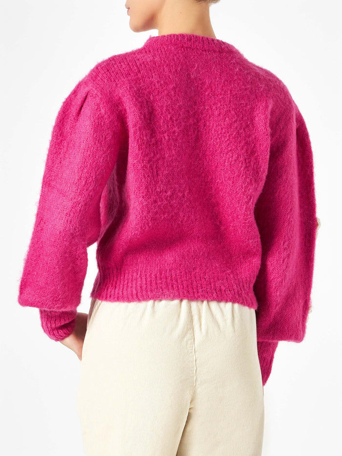 Bloom Fuchsia Brushed Sweater With Crochet Flowers Pink