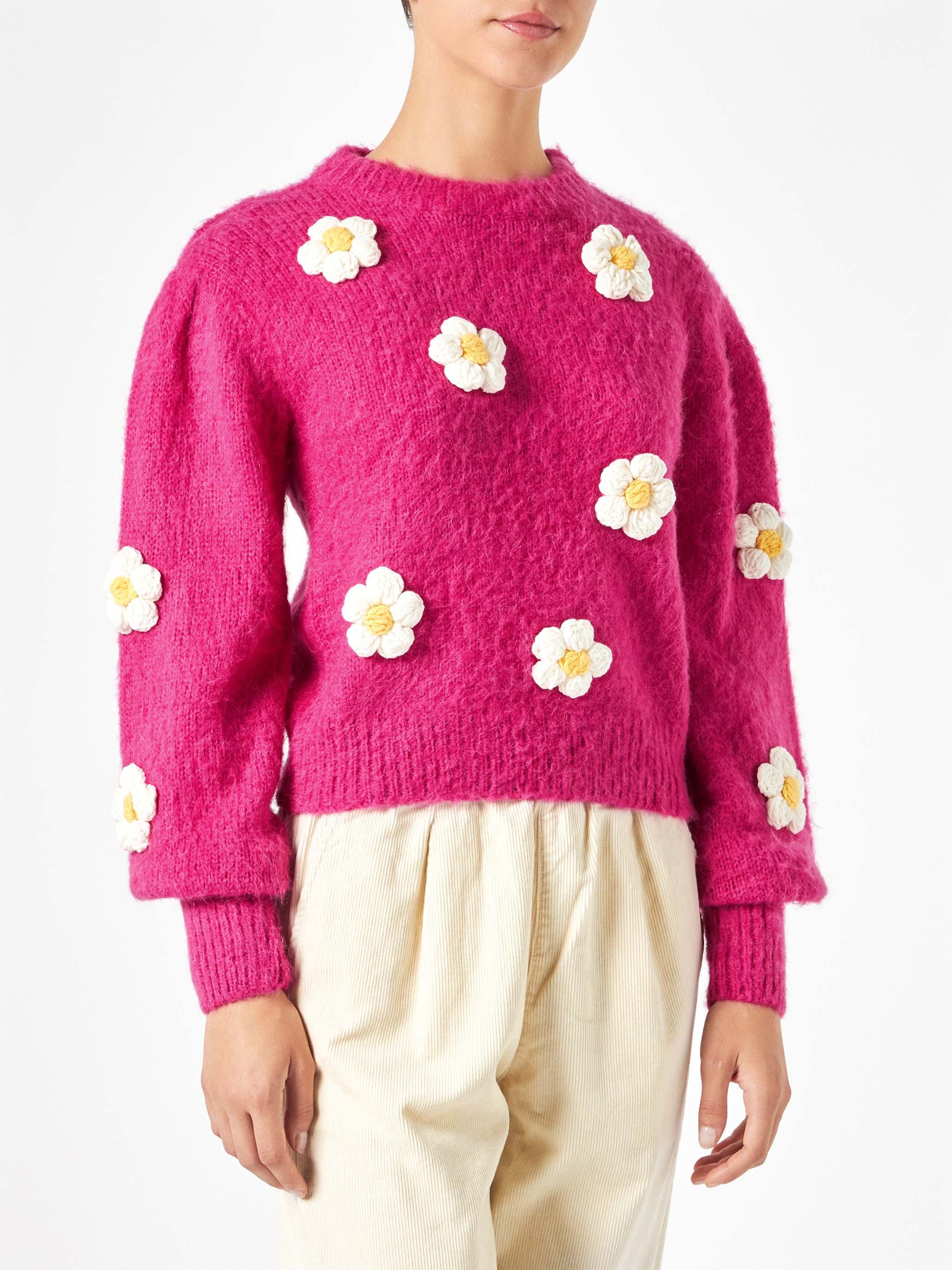 Bloom Fuchsia Brushed Sweater With Crochet Flowers Pink