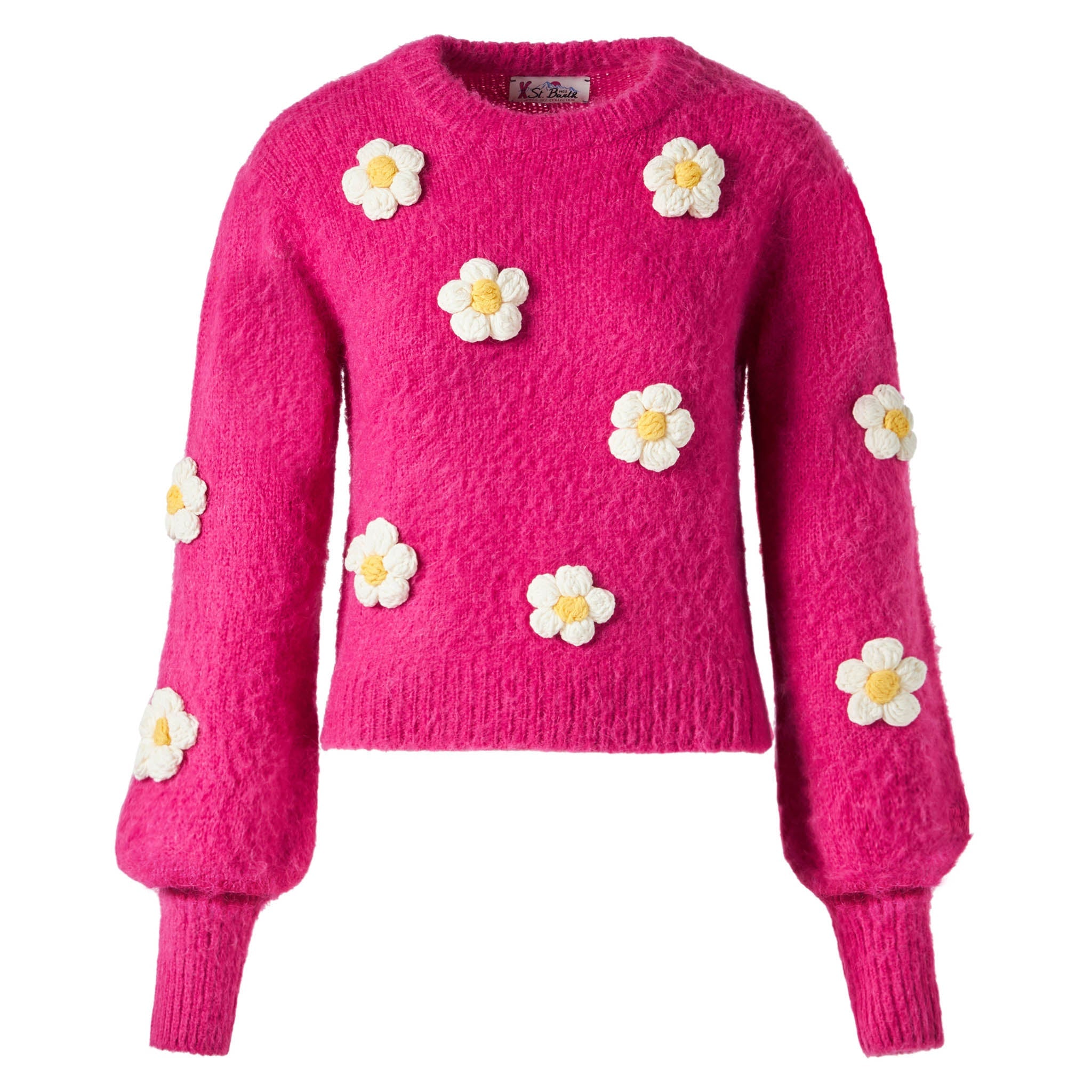 Bloom Fuchsia Brushed Sweater With Crochet Flowers Pink