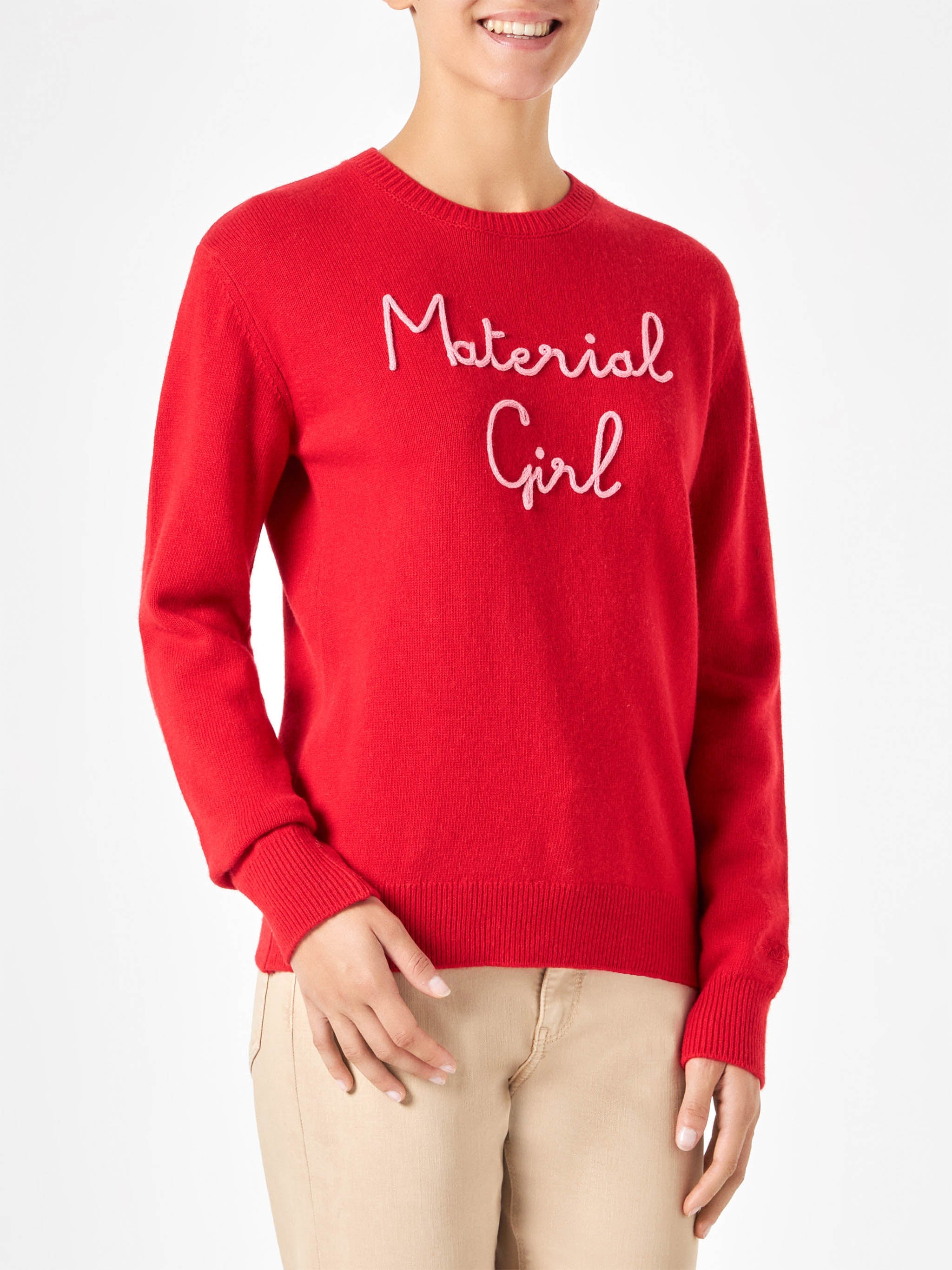 Blended Cashmere Crewneck With Material Girl Embroidery Red