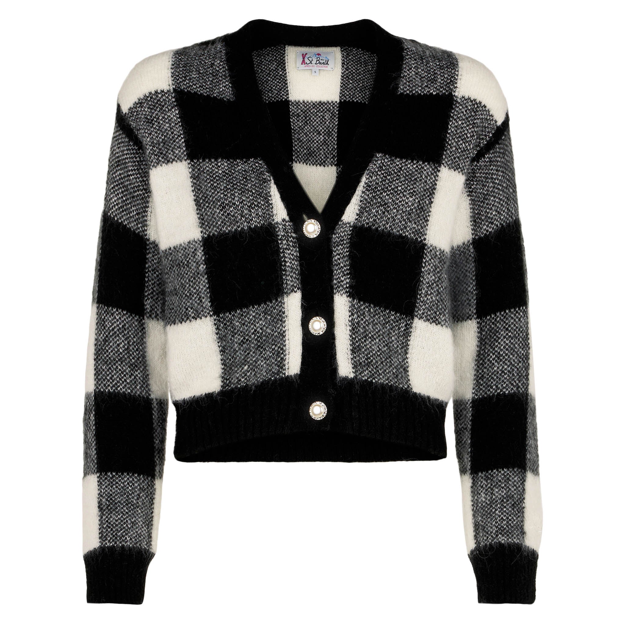 Megeve Black And White Vichy Short Cardigan With Jewel Buttons Grey