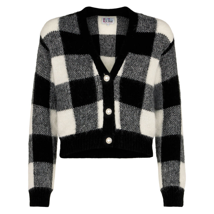 Megeve Black And White Vichy Short Cardigan With Jewel Buttons Grey