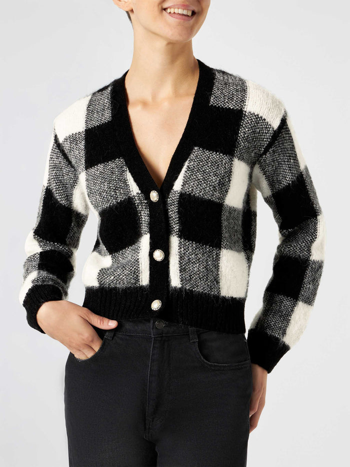 Megeve Black And White Vichy Short Cardigan With Jewel Buttons Grey