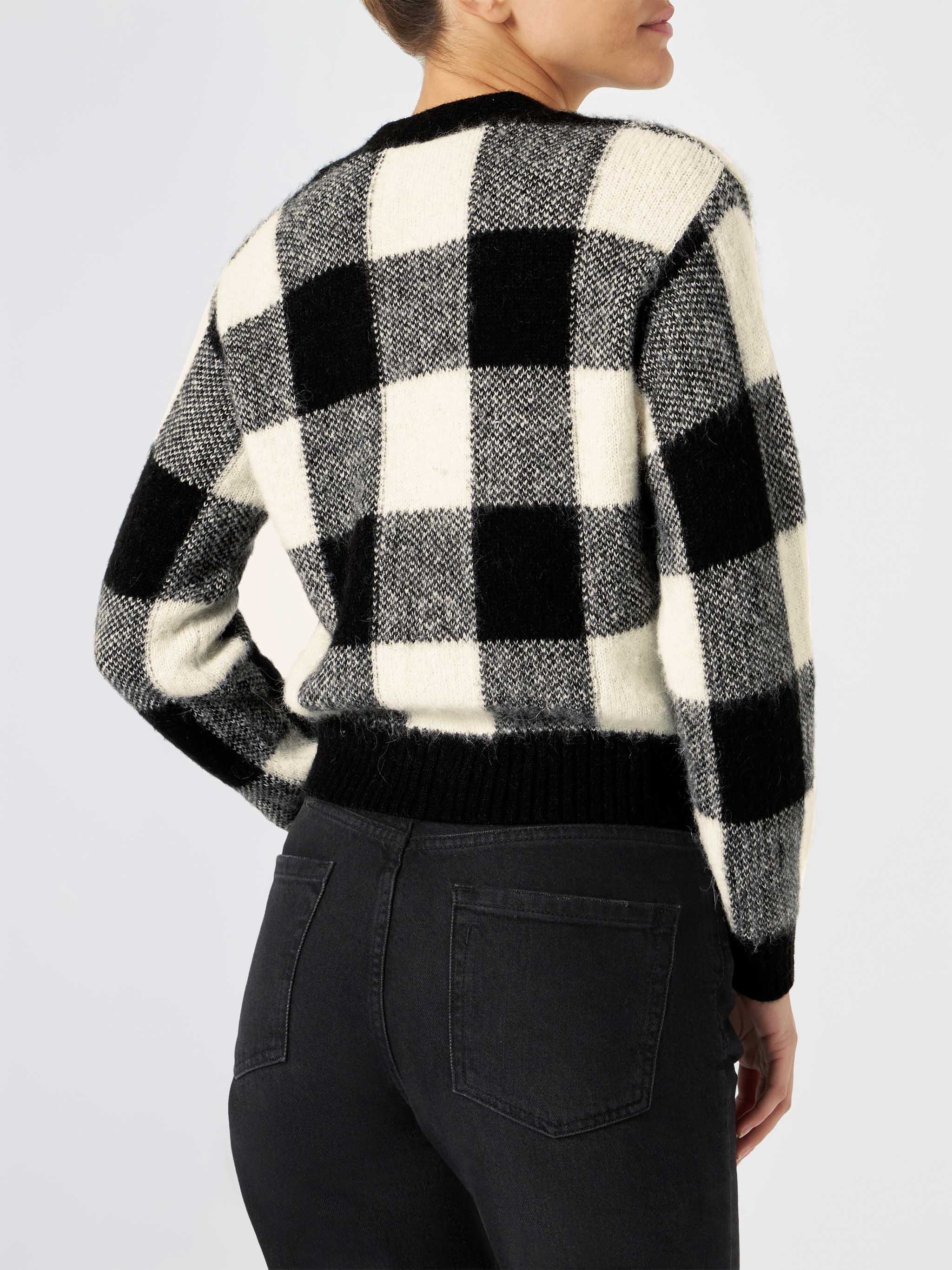 Megeve Black And White Vichy Short Cardigan With Jewel Buttons Grey