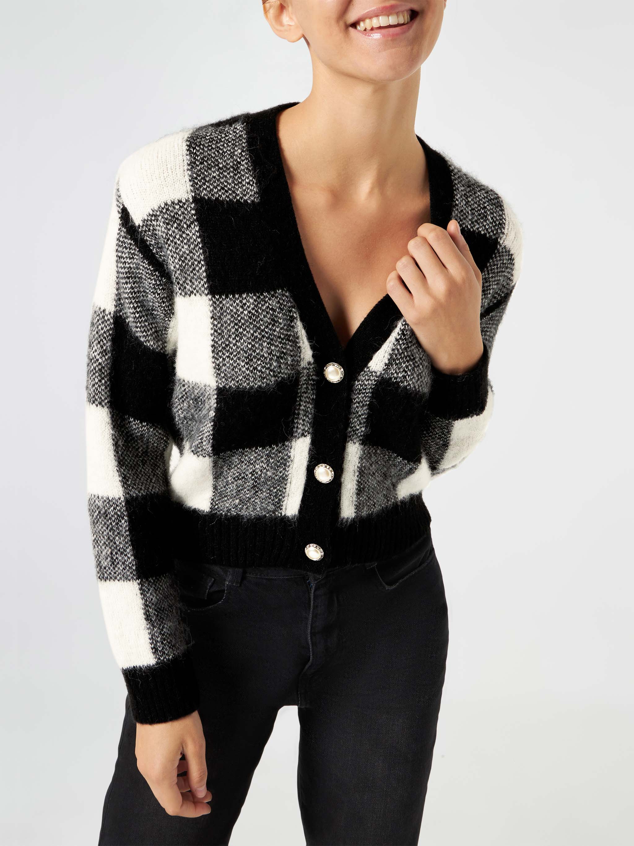 Megeve Black And White Vichy Short Cardigan With Jewel Buttons Grey