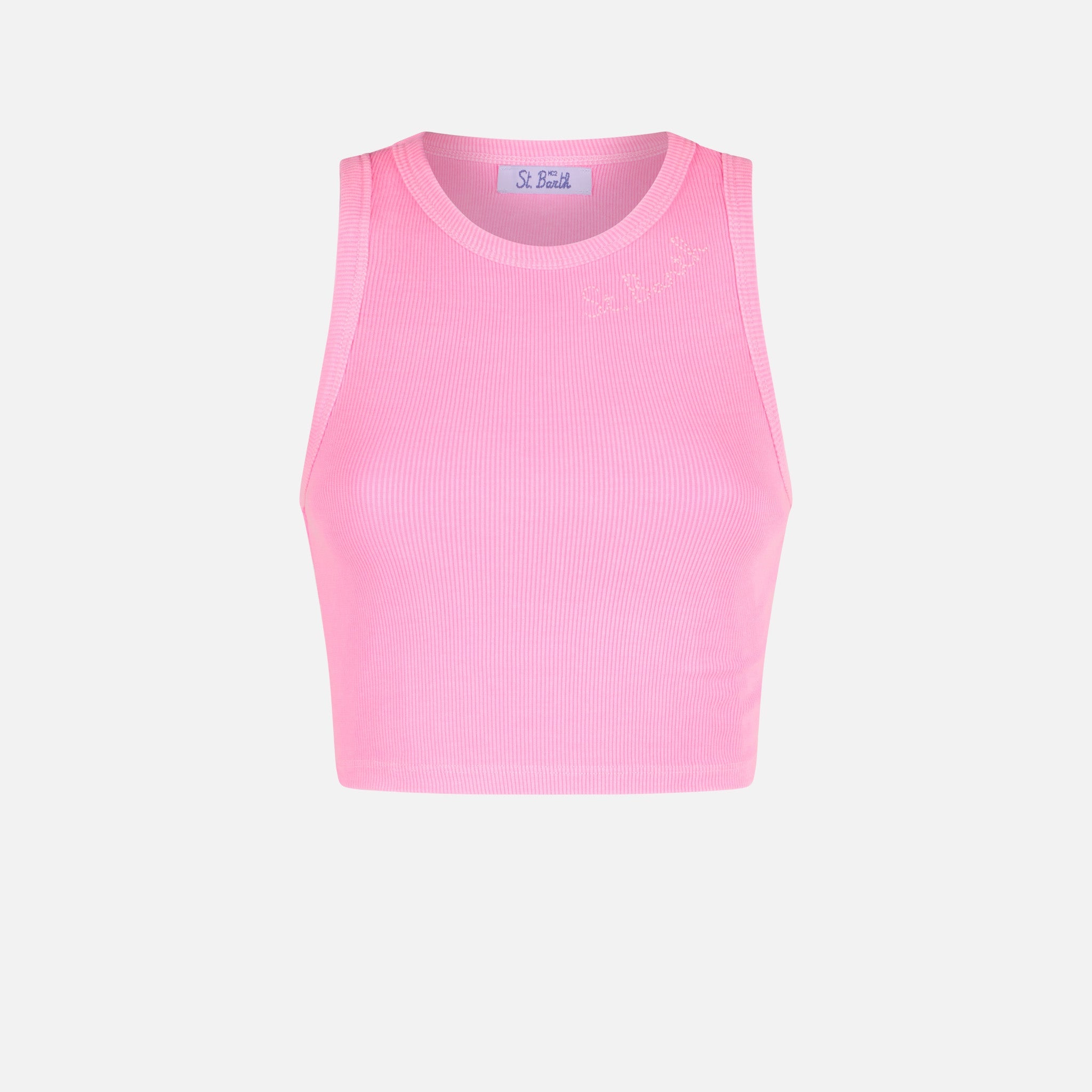 Cotton Crop Tank Top With St. Barth Embroidery Pink T-shirt