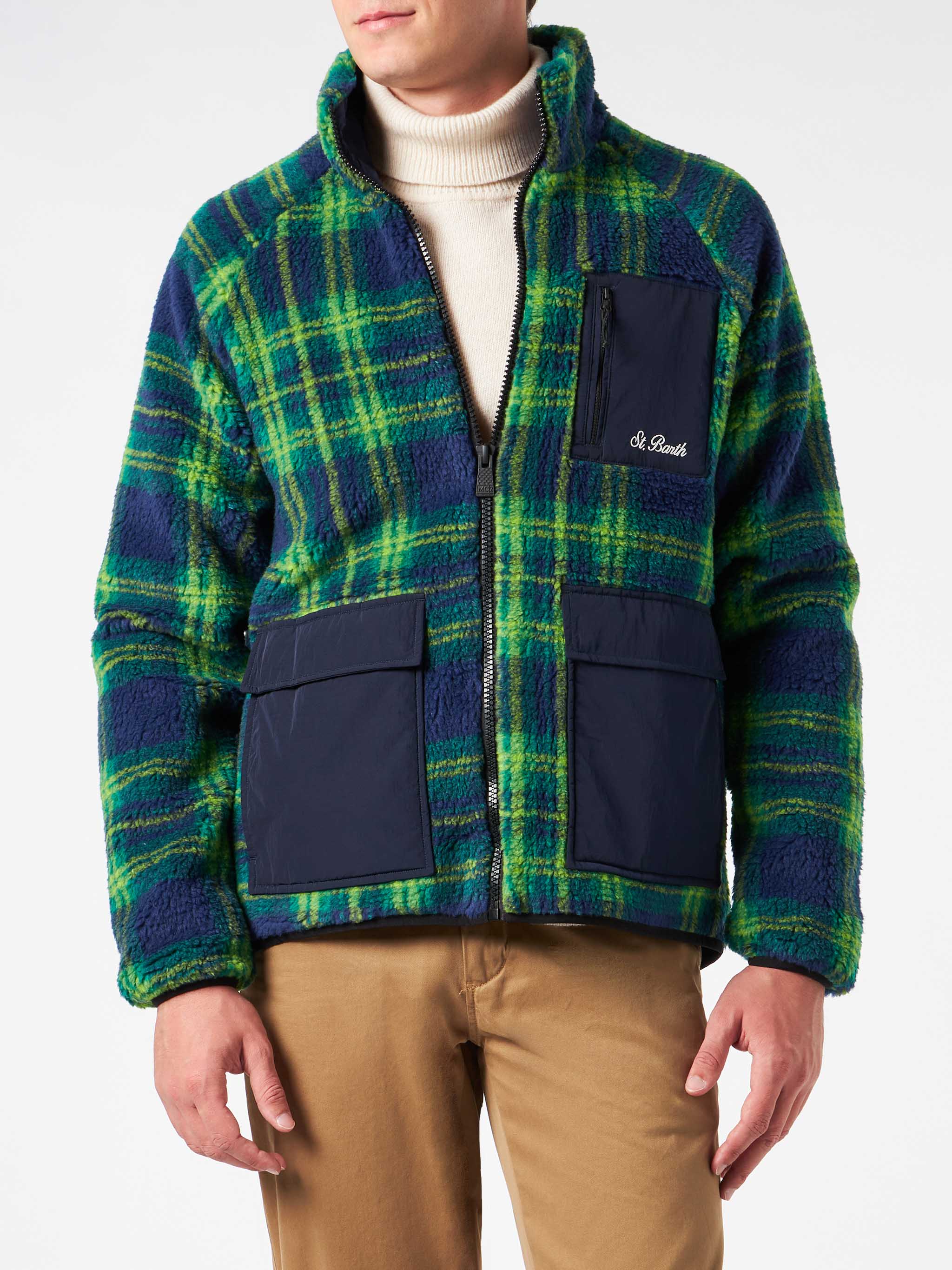 Man Sherpa Jacket With Tartan Print Blue