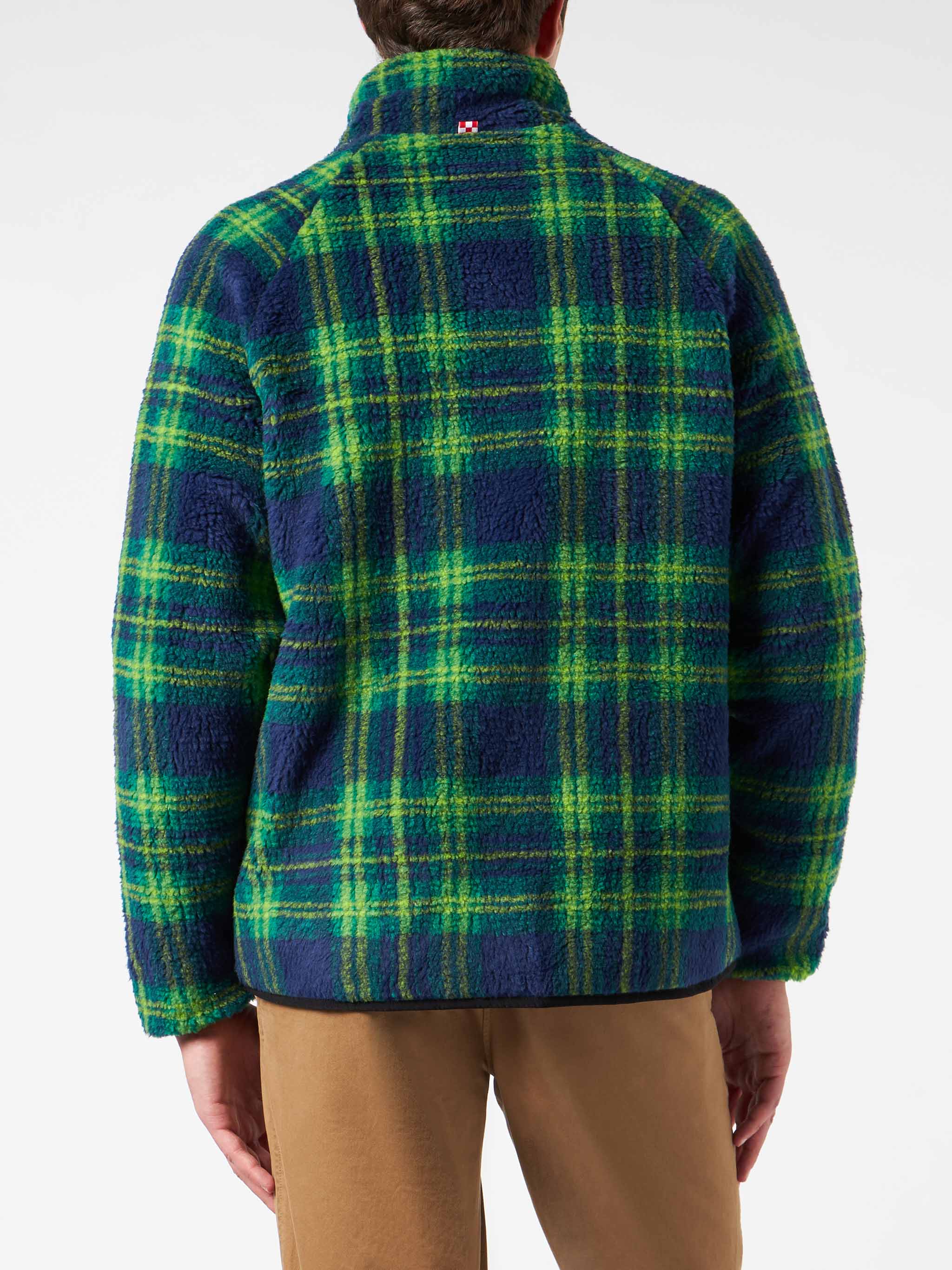 Man Sherpa Jacket With Tartan Print Blue