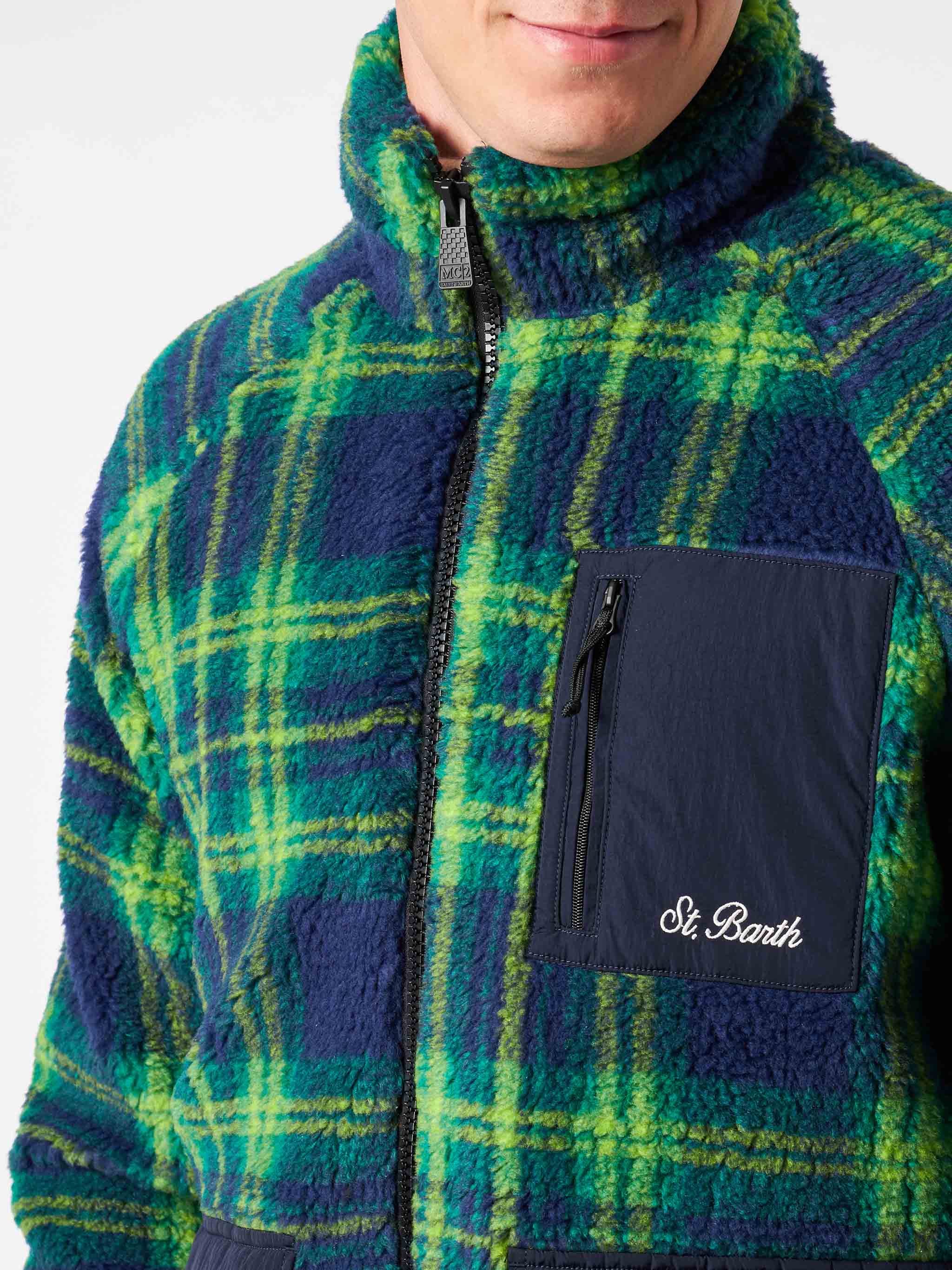 Man Sherpa Jacket With Tartan Print Blue