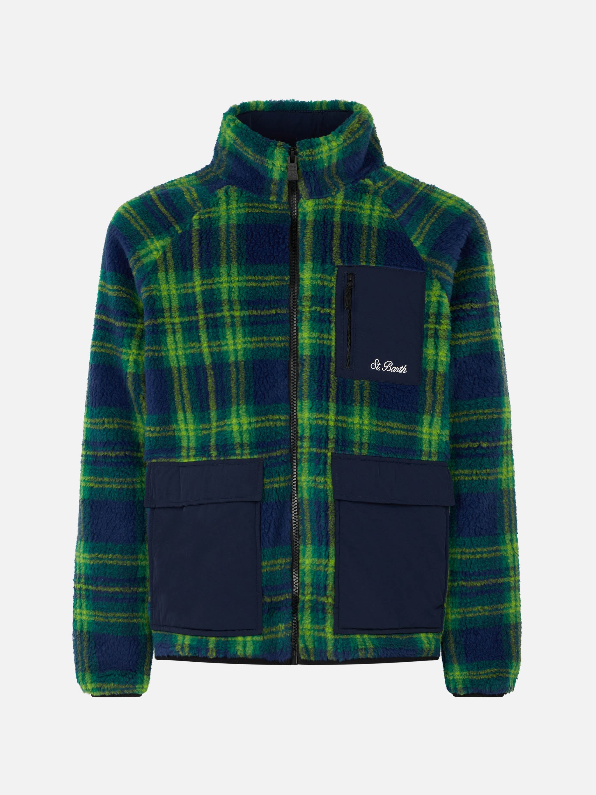 Man Sherpa Jacket With Tartan Print Blue