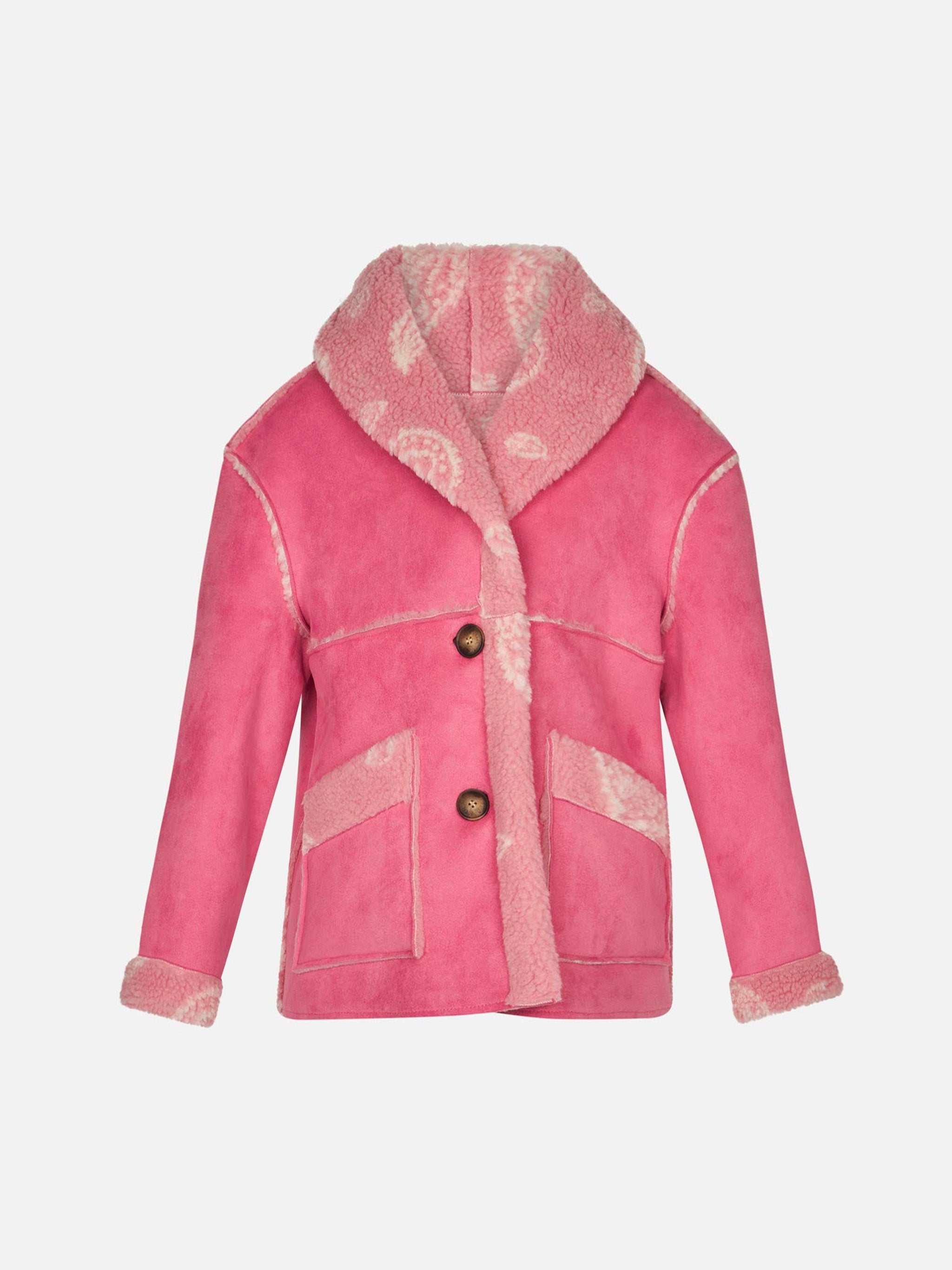 Girl Shearling Jacket With Paisley Print Pink Coat