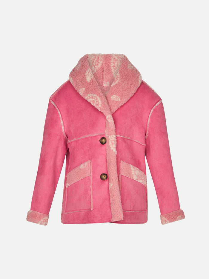 Girl Shearling Jacket With Paisley Print Pink Coat