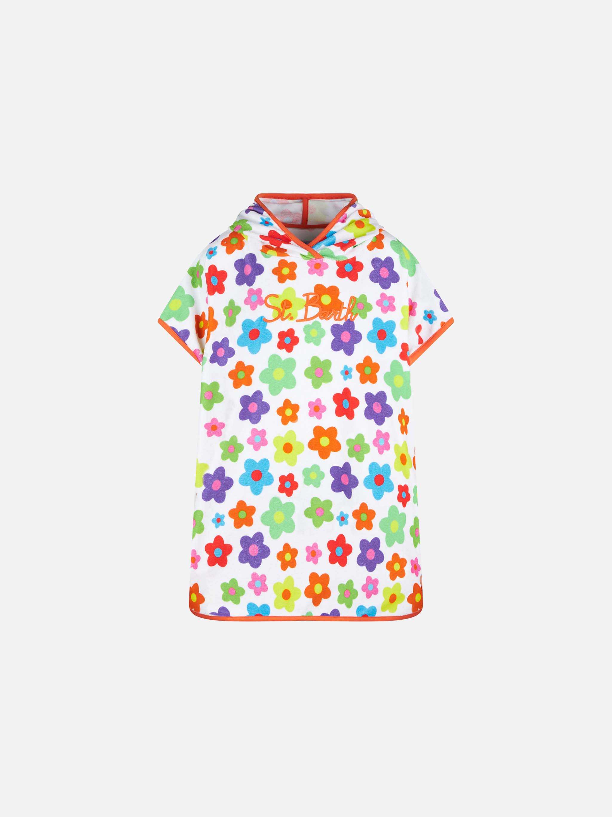 Girl Terry Poncho With Multicolor Daisy White Beach Robe