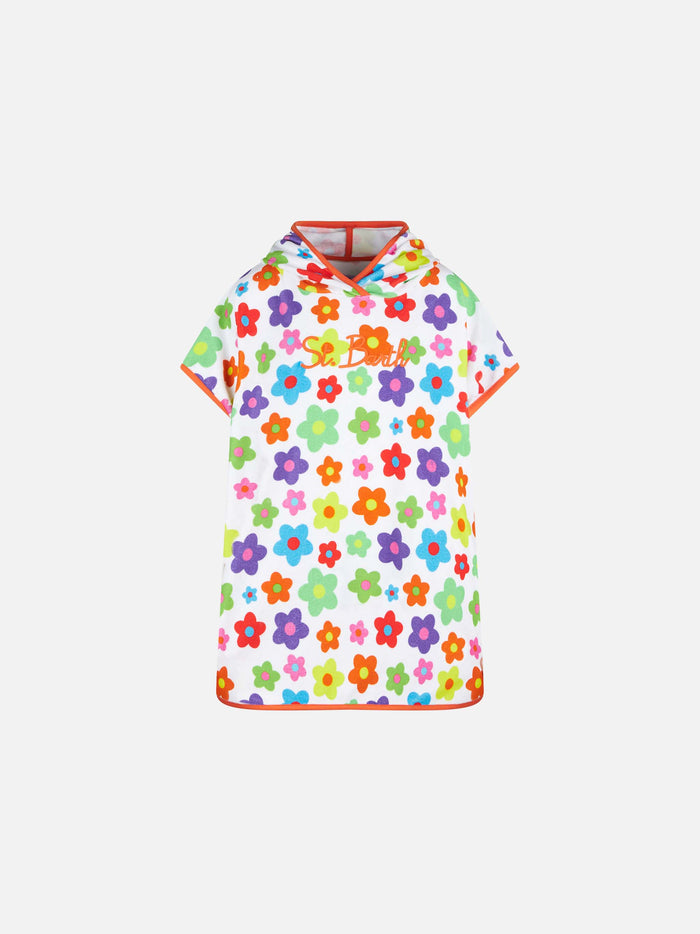 Girl Terry Poncho With Multicolor Daisy White Beach Robe