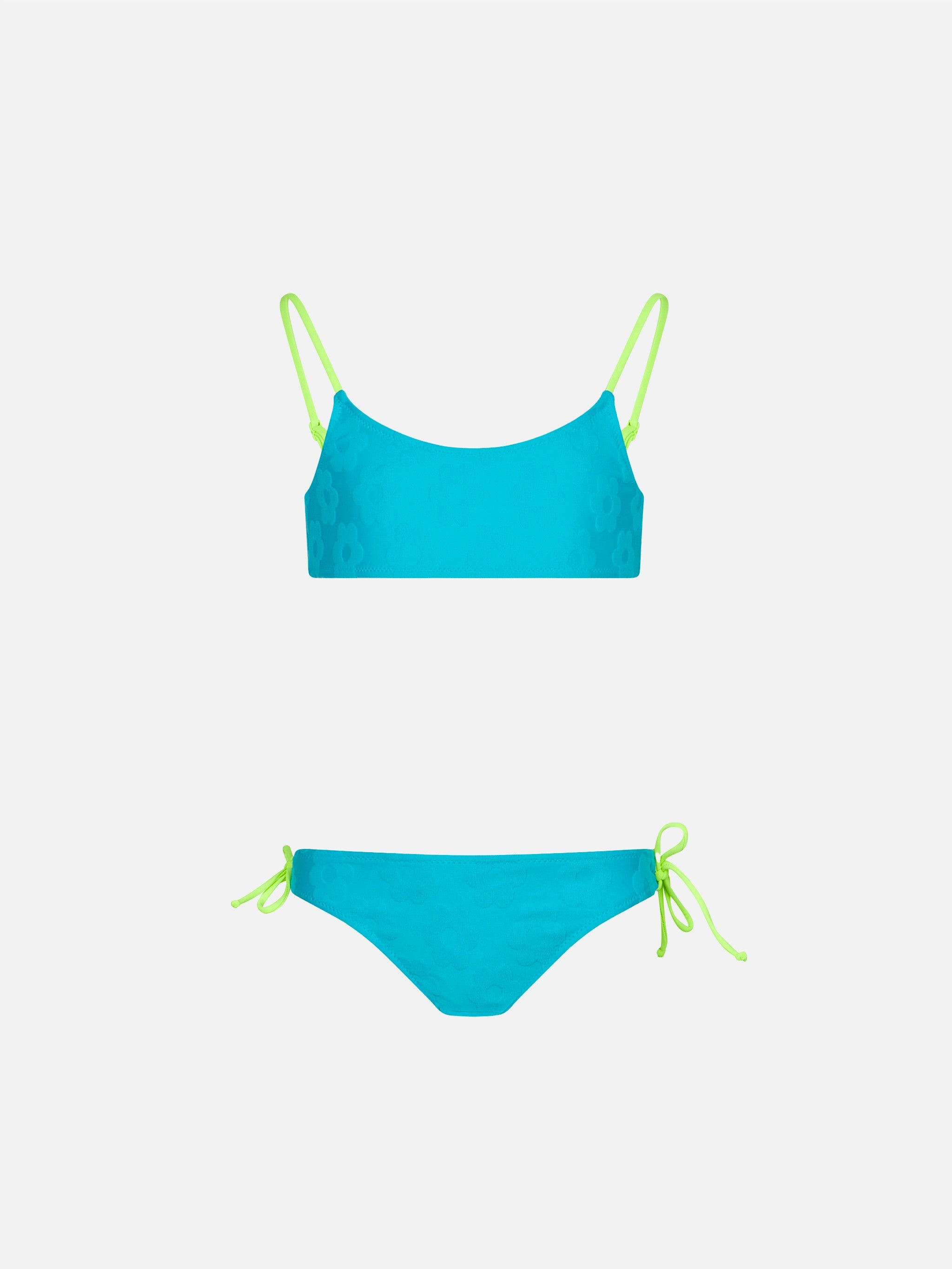 Girl Terry Bralette Bikini With Embossed Flowers Blue