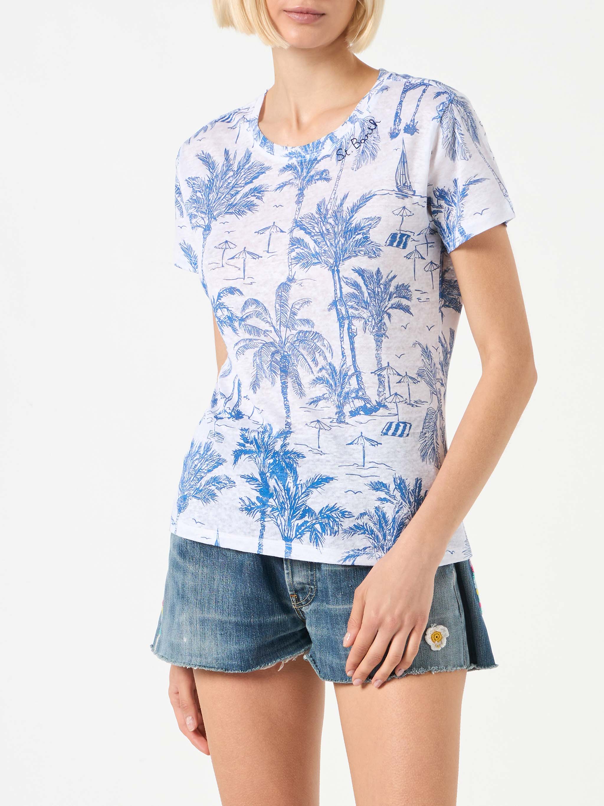 Scarlett Blue Toile De Jouy Linen T-Shirt White