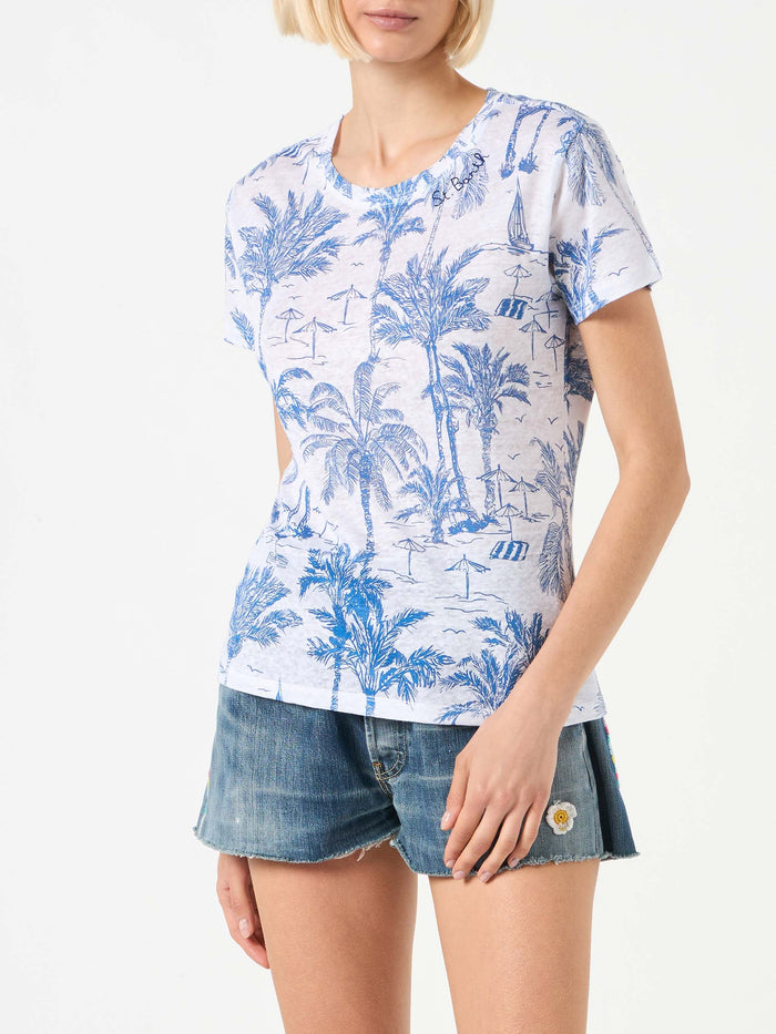 Scarlett Blue Toile De Jouy Linen T-Shirt White