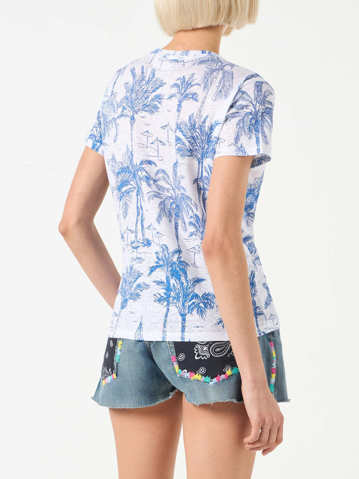 Scarlett Blue Toile De Jouy Linen T-Shirt White