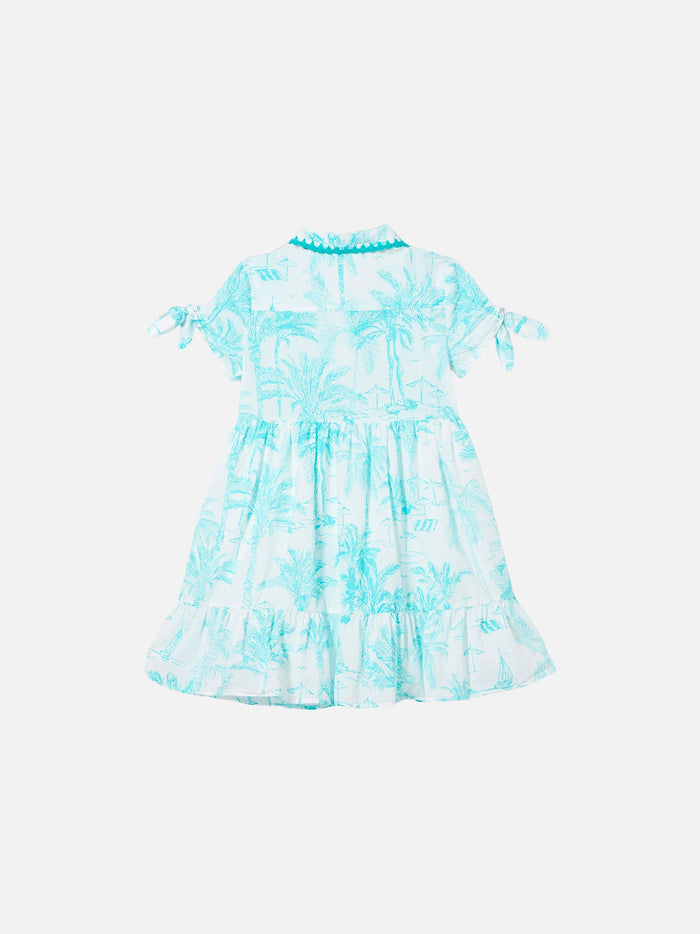 Girl Dress With Water Green Toile De Jouy Pattern