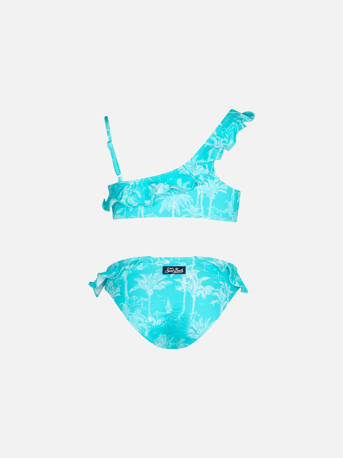 Girl One Shoulder Toile De Jouy Ruffled Bikini Green