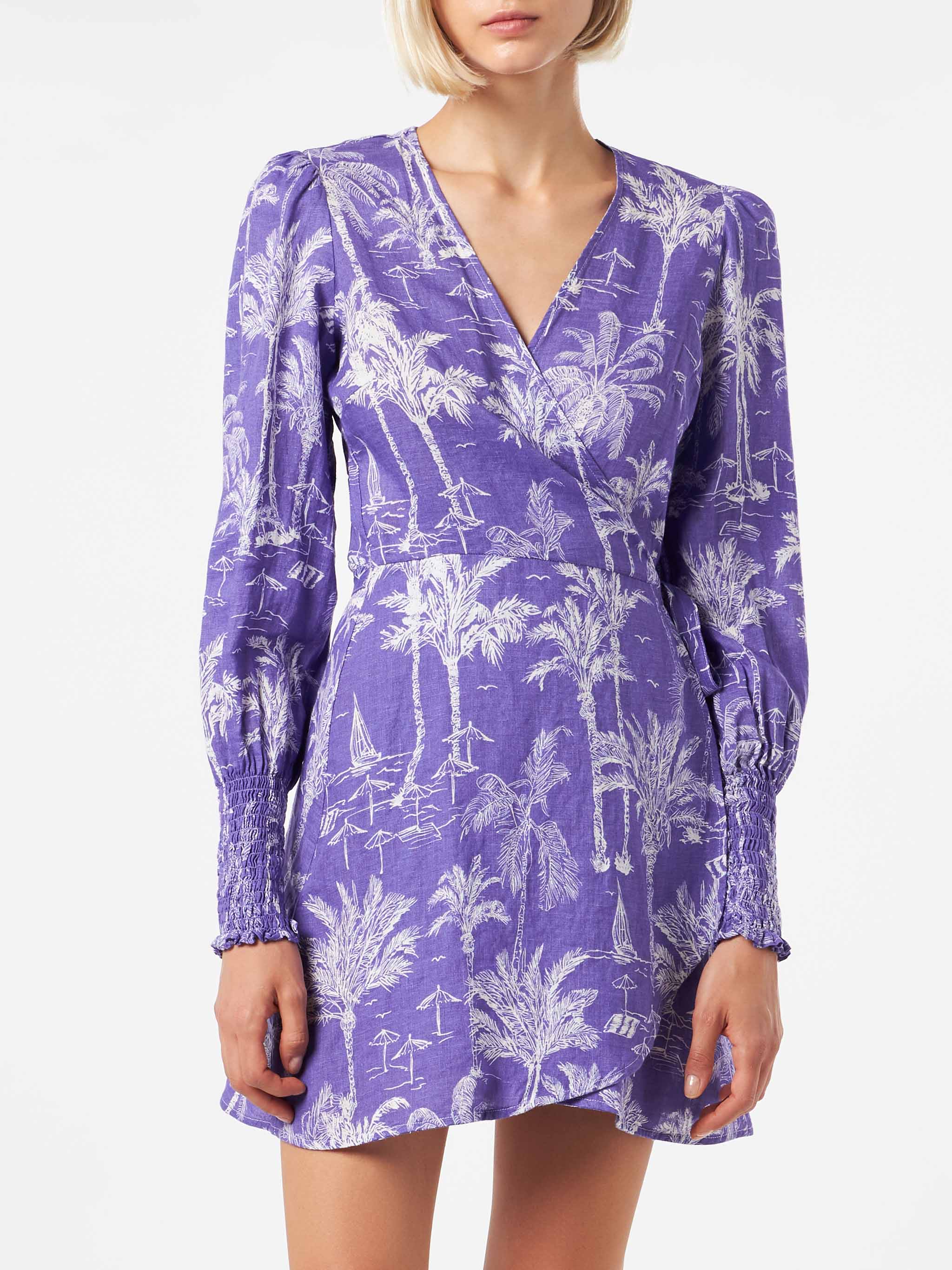 Linen Short Dress Brilly With Toile De Jouy Print Pink