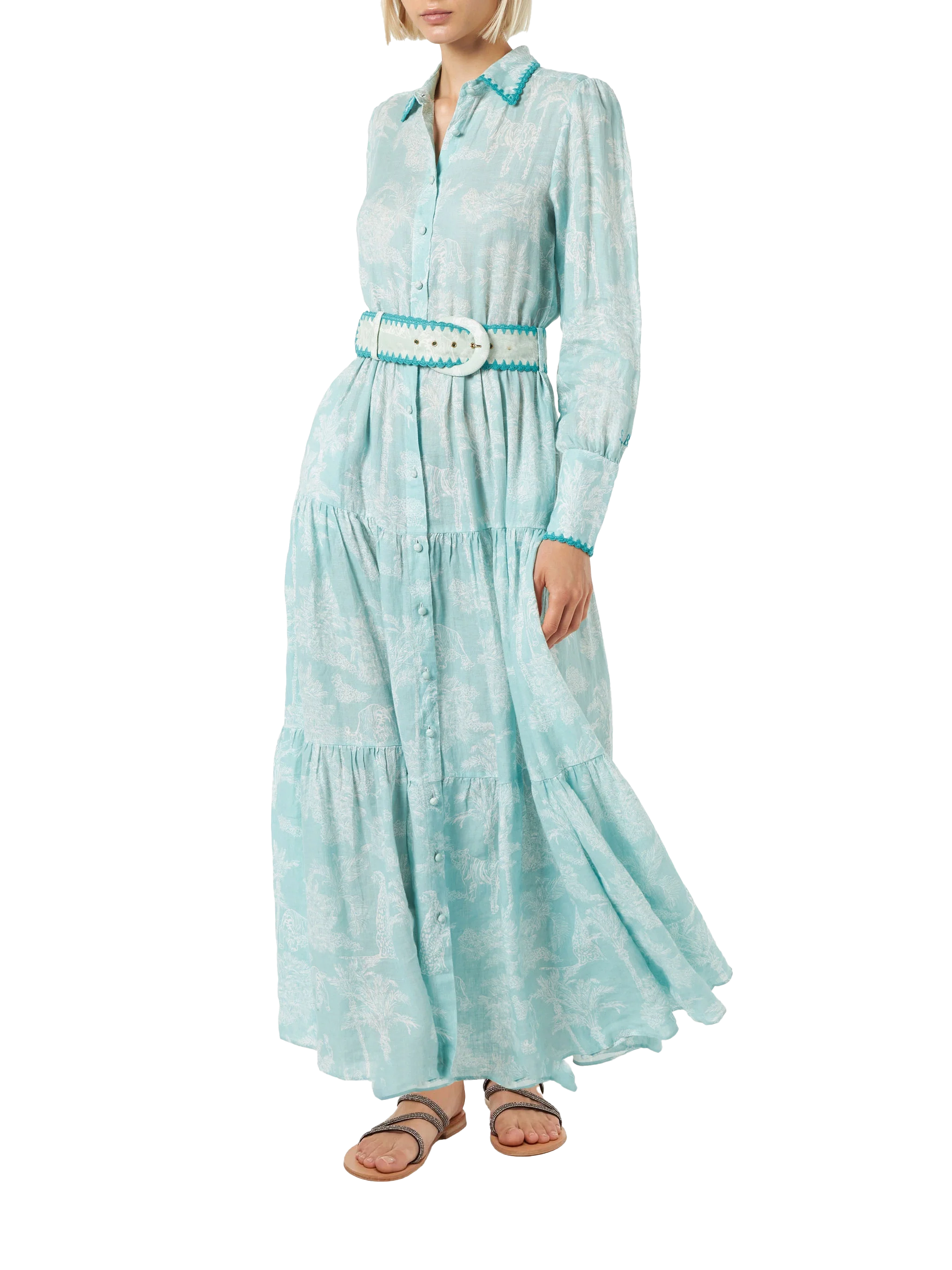 Marbella Linen Long Dress With Jungle Print Green