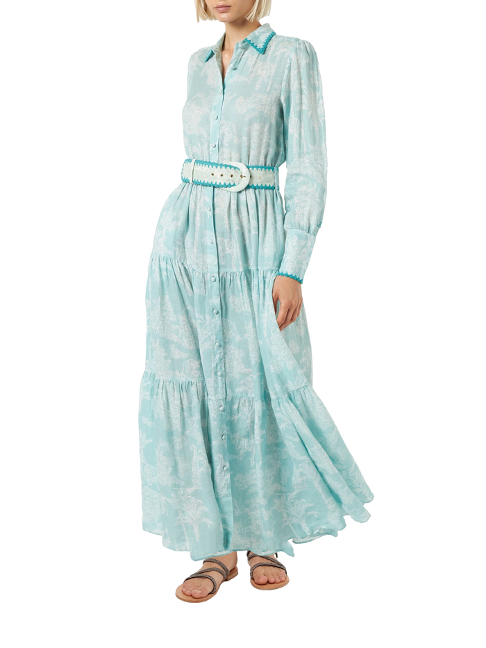 Marbella Linen Long Dress With Jungle Print Green