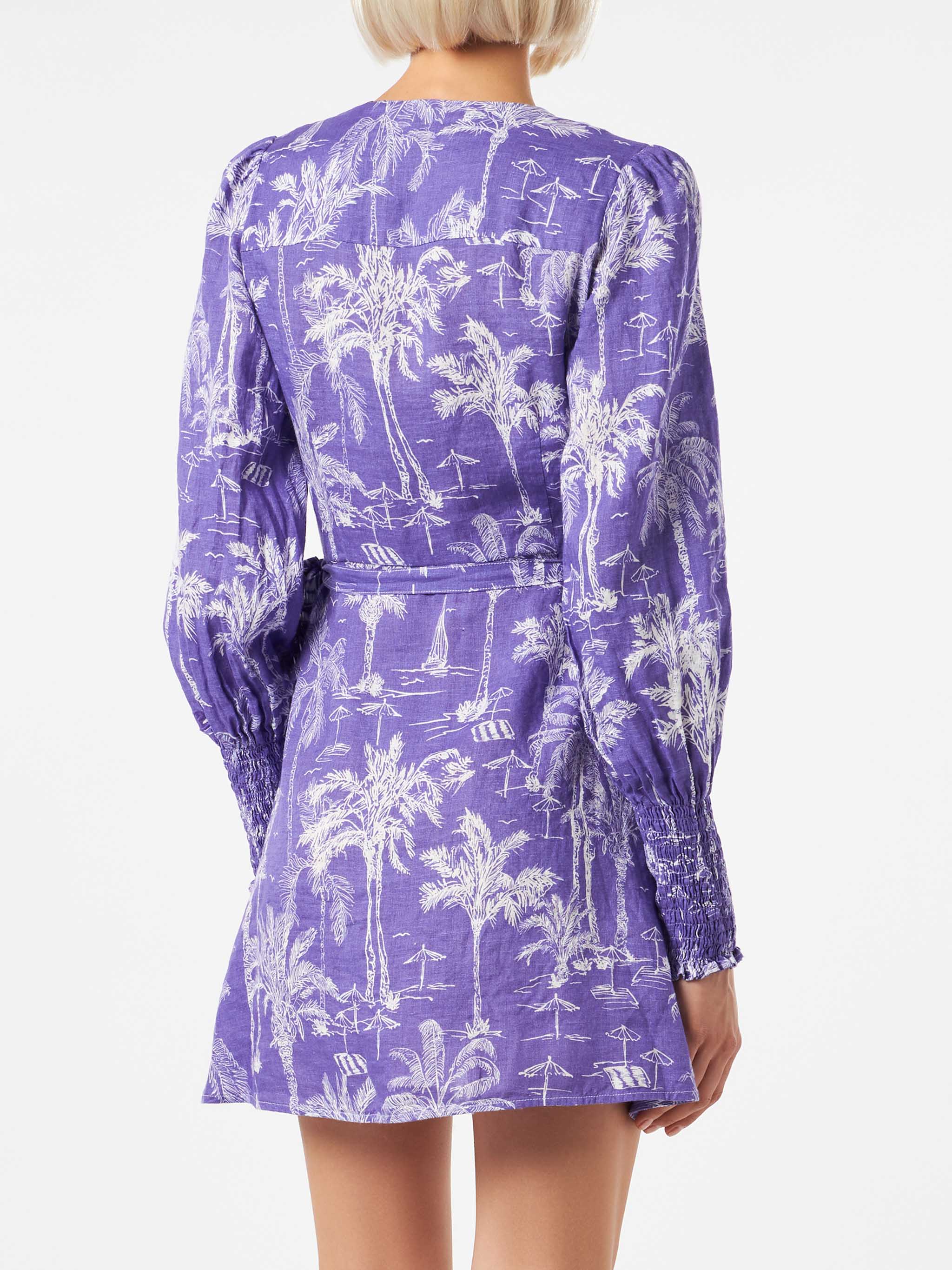 Linen Short Dress Brilly With Toile De Jouy Print Pink