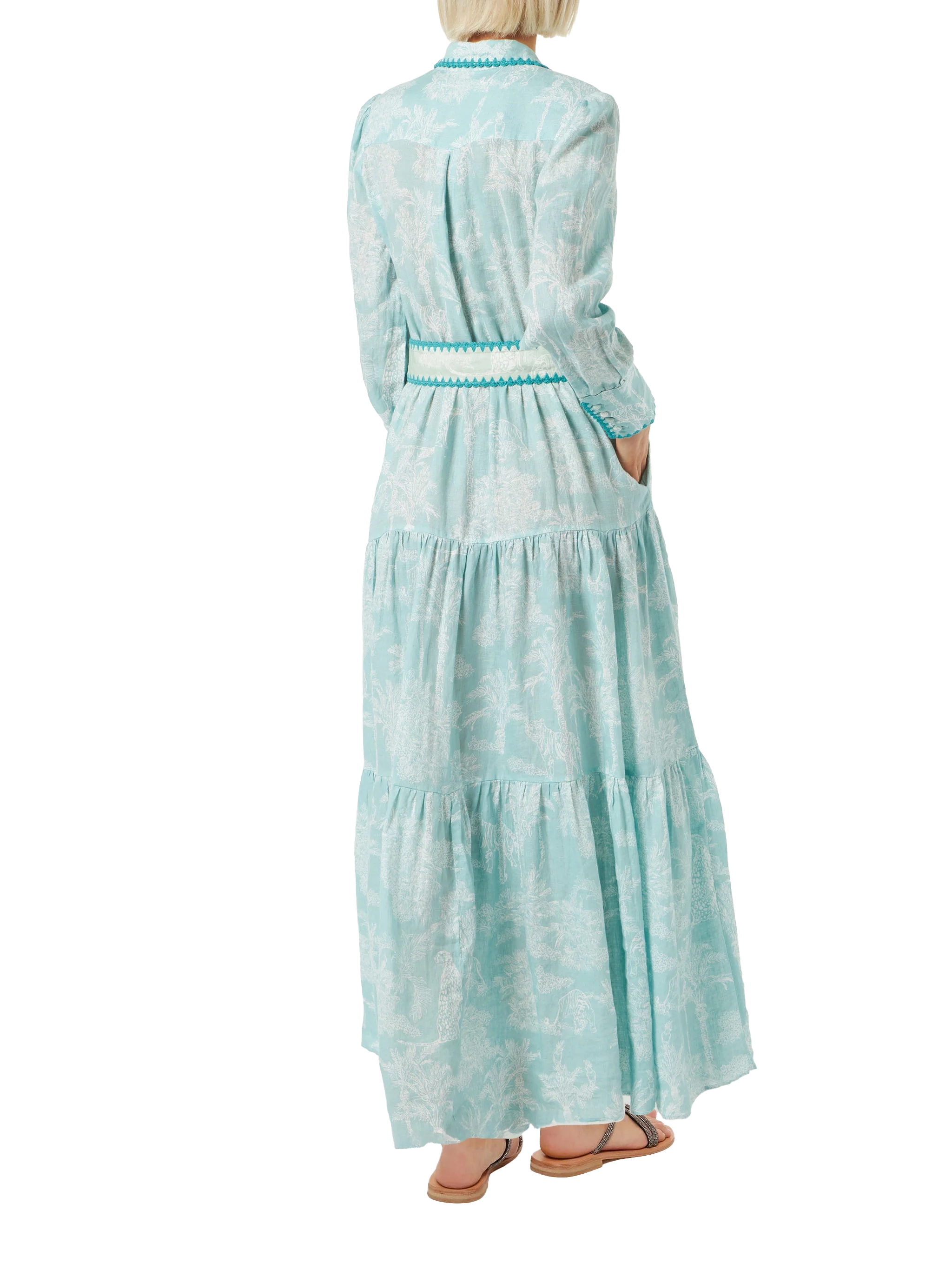 Marbella Linen Long Dress With Jungle Print Green