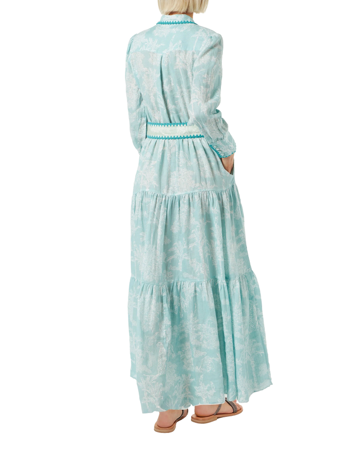 Marbella Linen Long Dress With Jungle Print Green