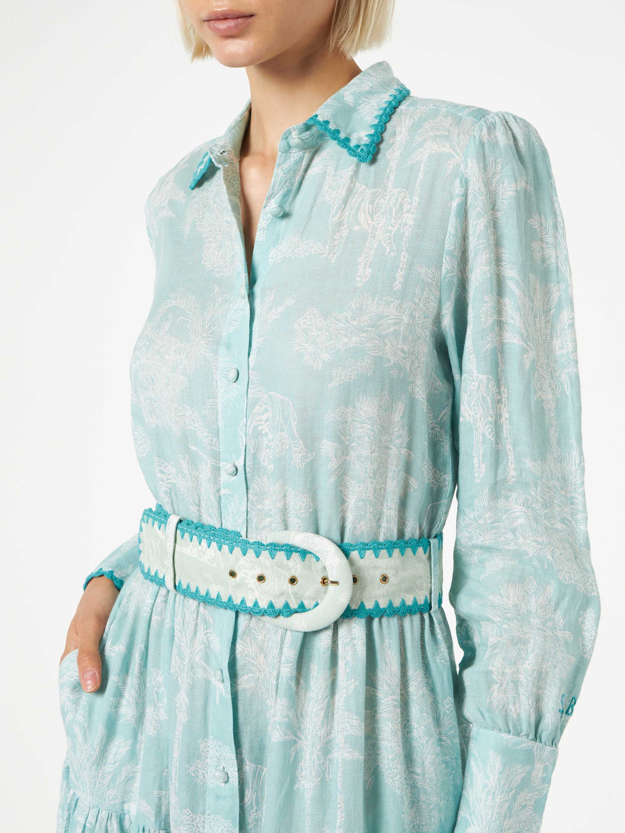 Marbella Linen Long Dress With Jungle Print Green