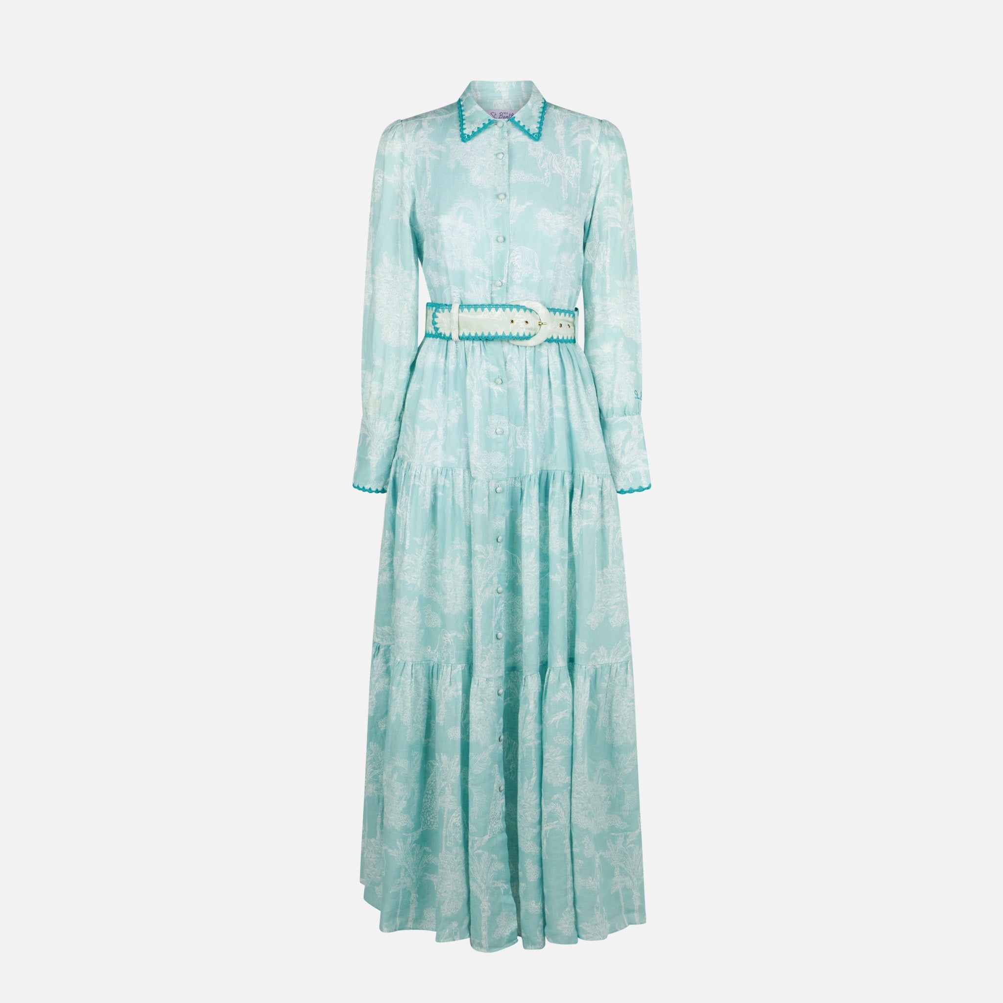 Marbella Linen Long Dress With Jungle Print Green