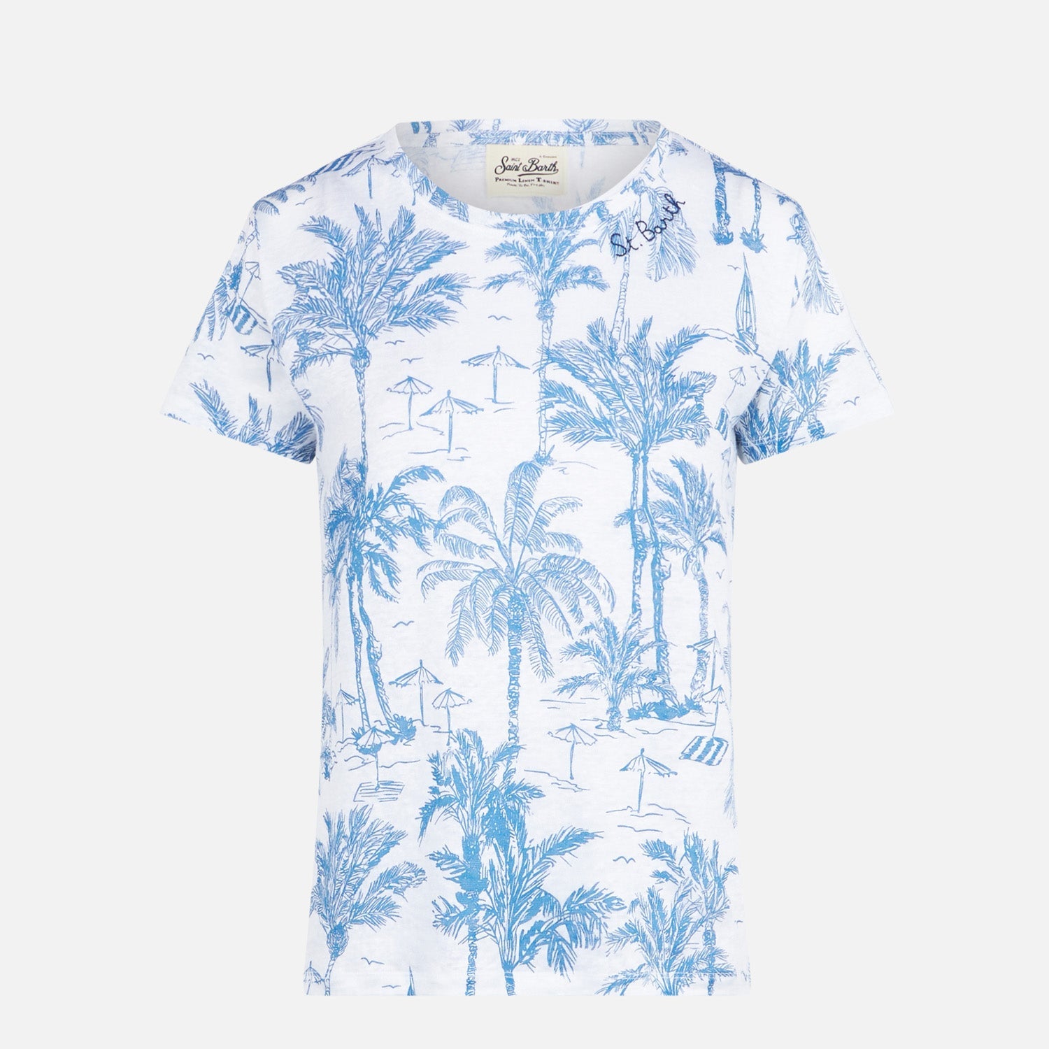 Scarlett Blue Toile De Jouy Linen T-Shirt White