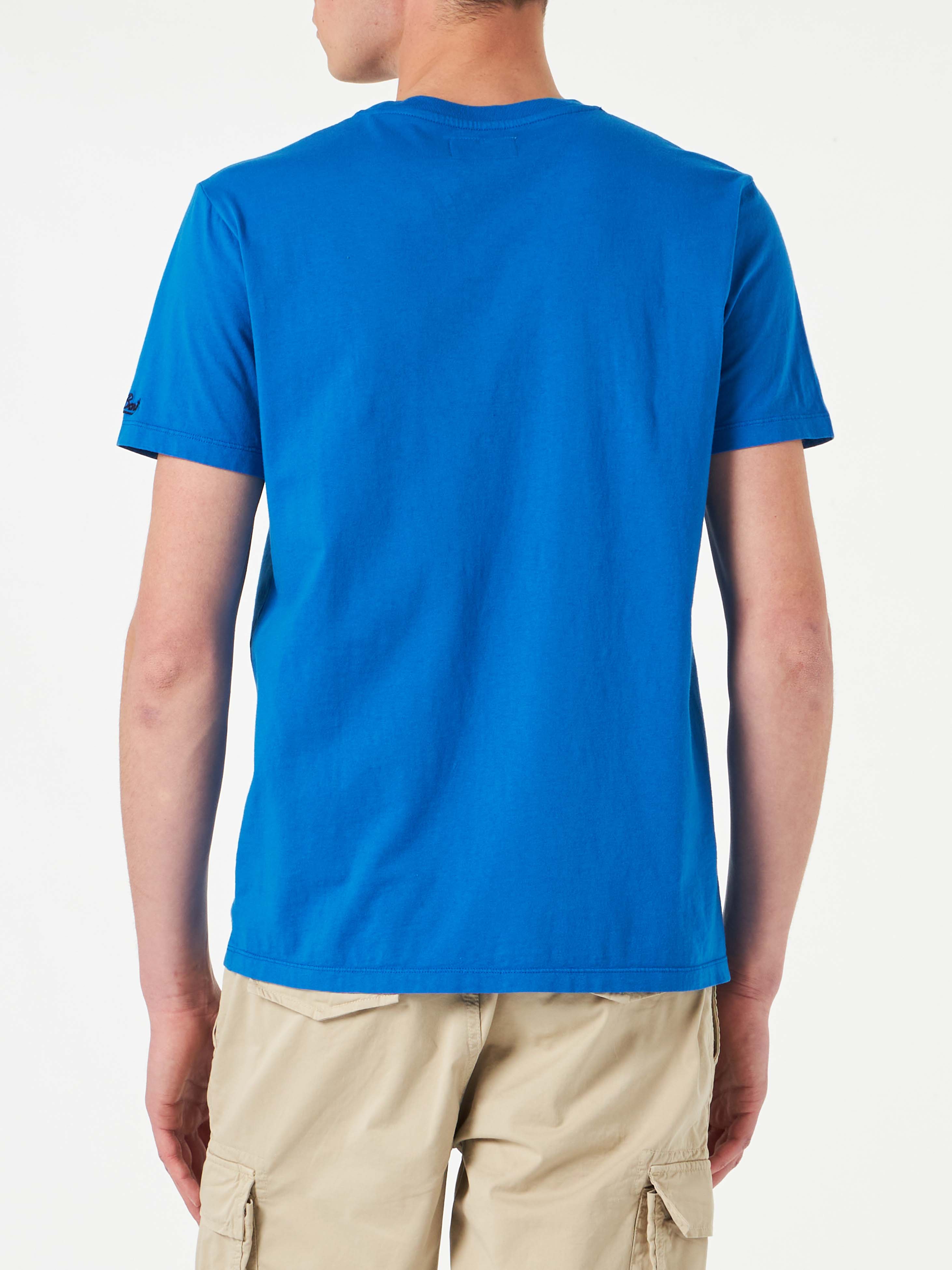 Man Cotton Vintage Treatment T-Shirt With St. Barth Padel Club Print Blue