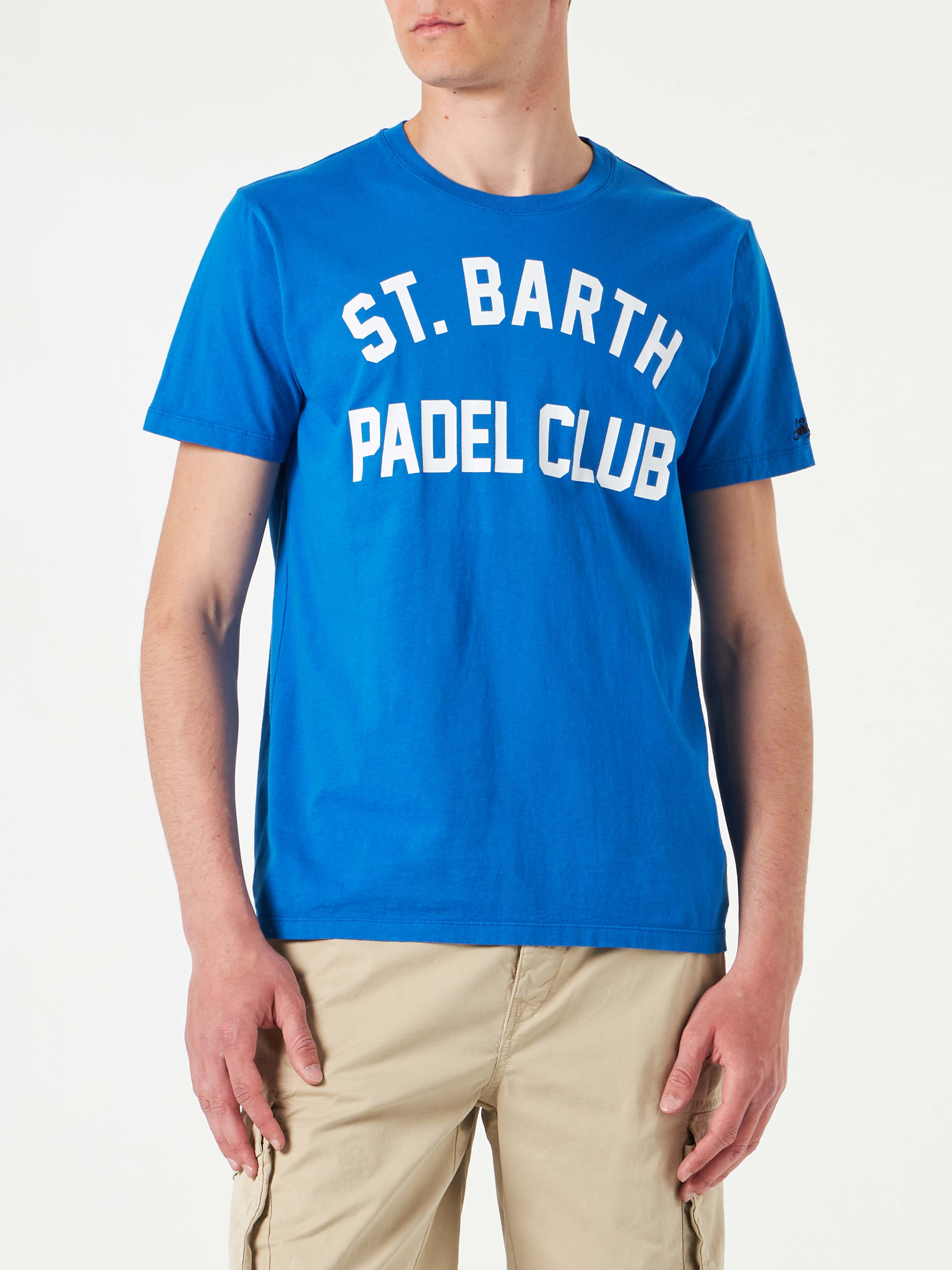 Man Cotton Vintage Treatment T-Shirt With St. Barth Padel Club Print Blue