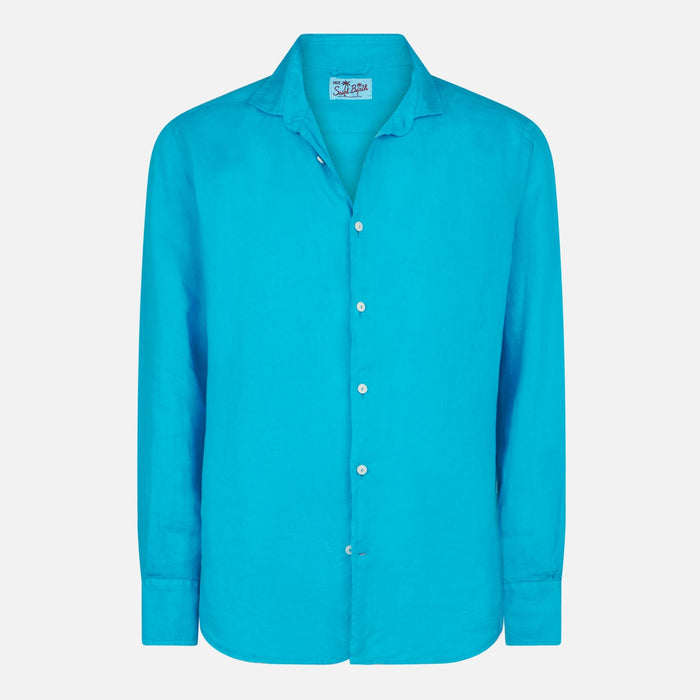 Man Turquoise Linen Pamplona Shirt Blue