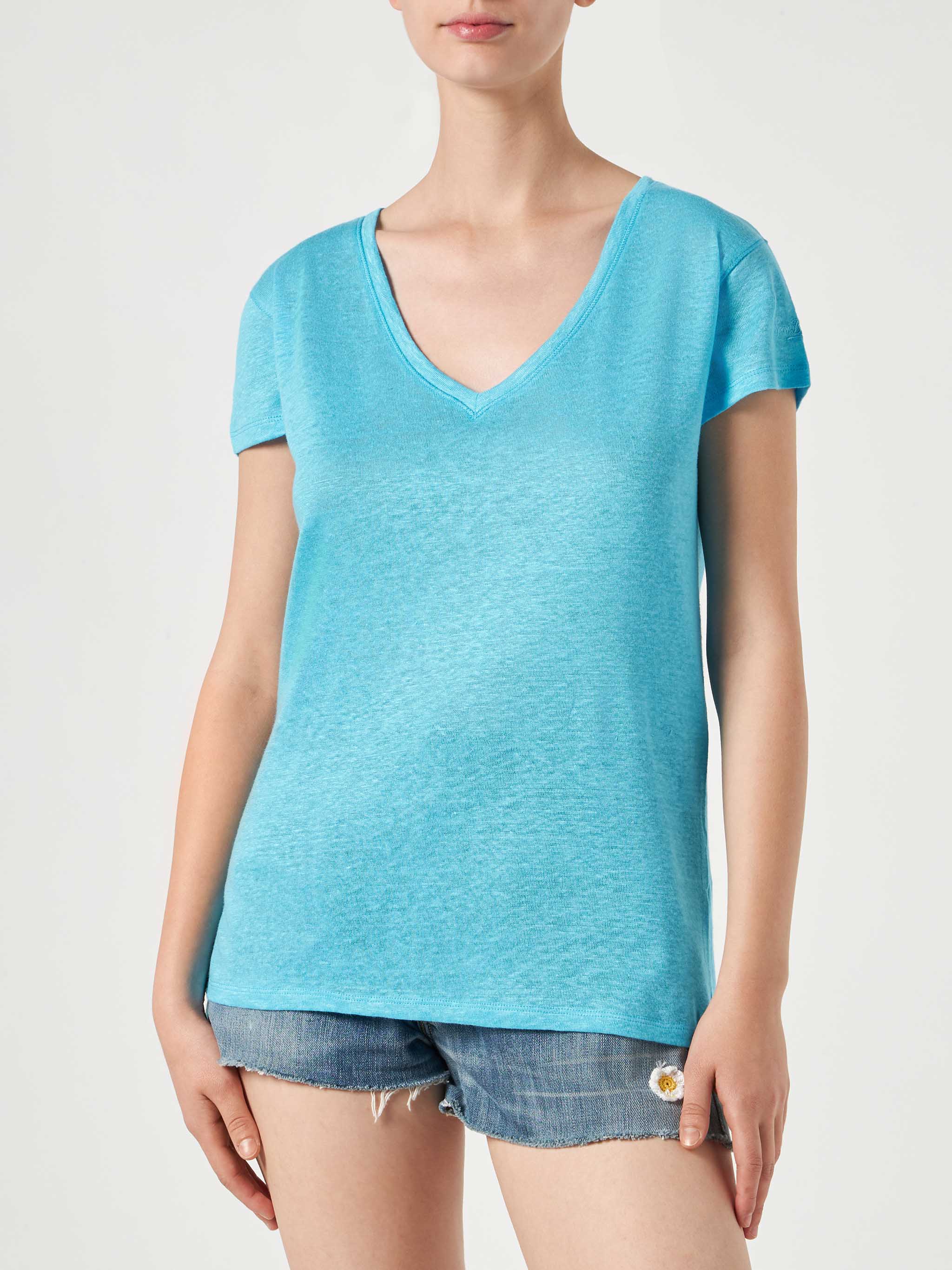 Eloise Turquoise Linen T-Shirt Blue