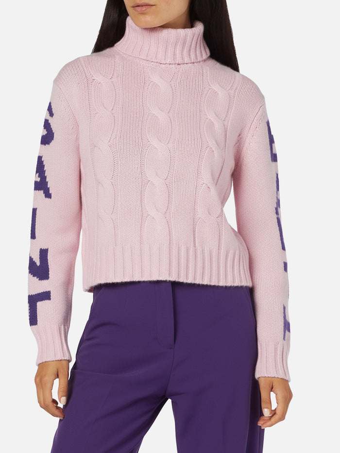 Adler Braided Turtleneck Sweater With Logo Jacquard Pink