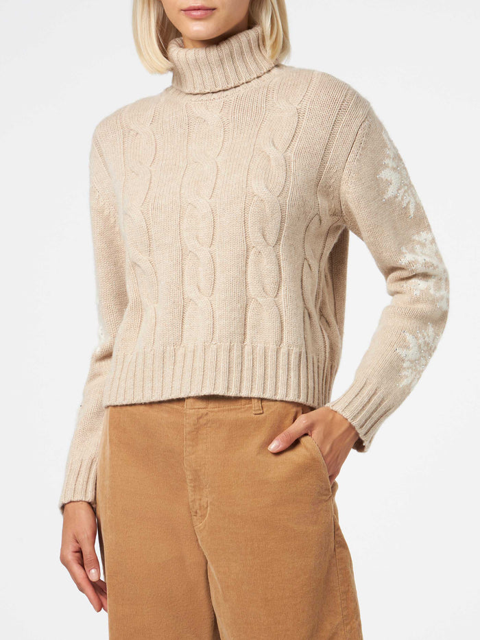 Adler Beige Cable Knit Turtleneck Sweater With Rhinestones Brown