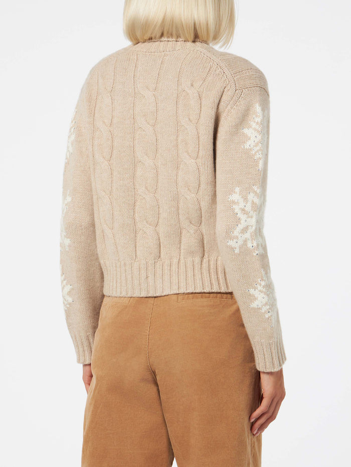 Adler Beige Cable Knit Turtleneck Sweater With Rhinestones Brown