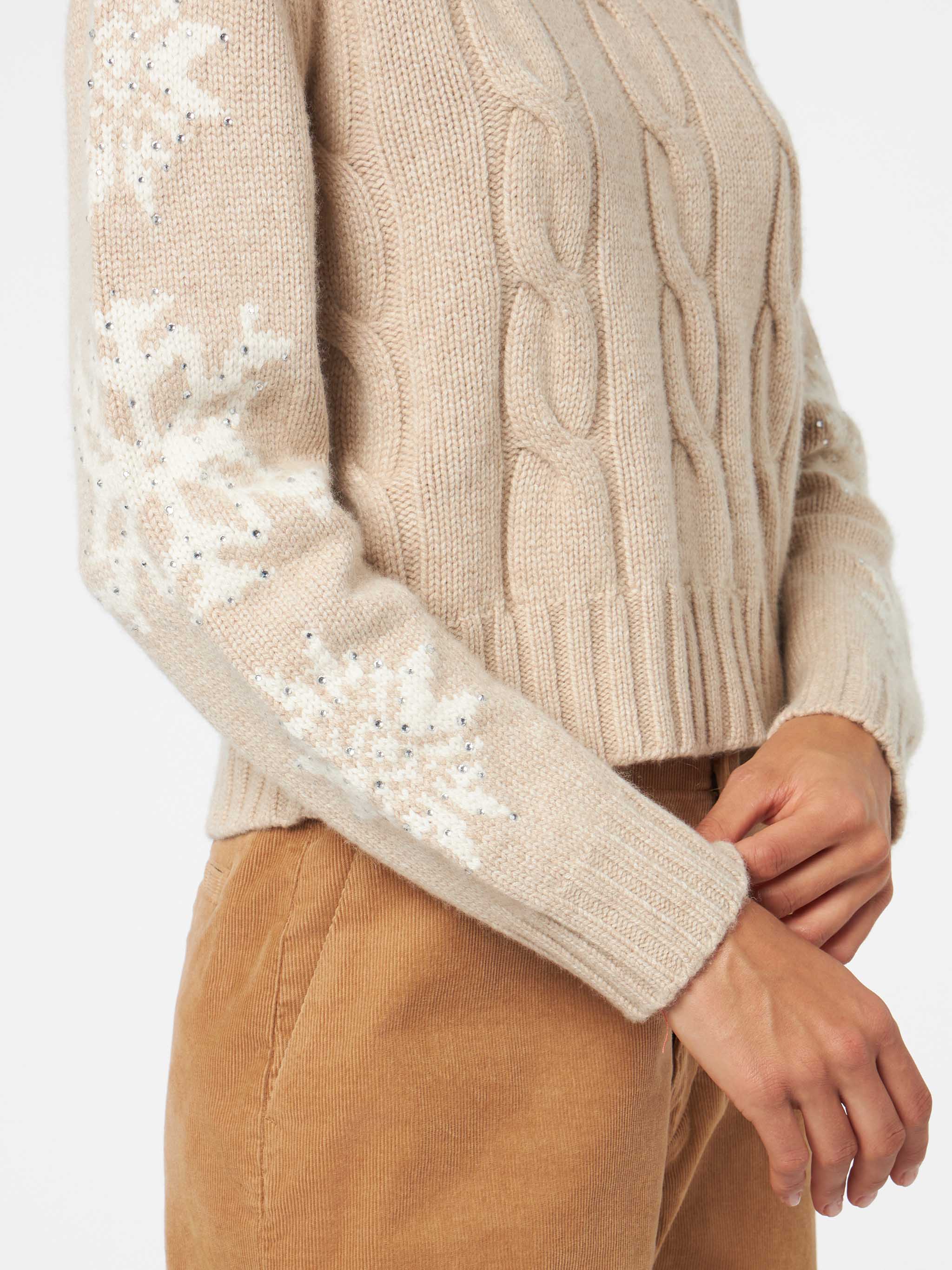 Adler Beige Cable Knit Turtleneck Sweater With Rhinestones Brown