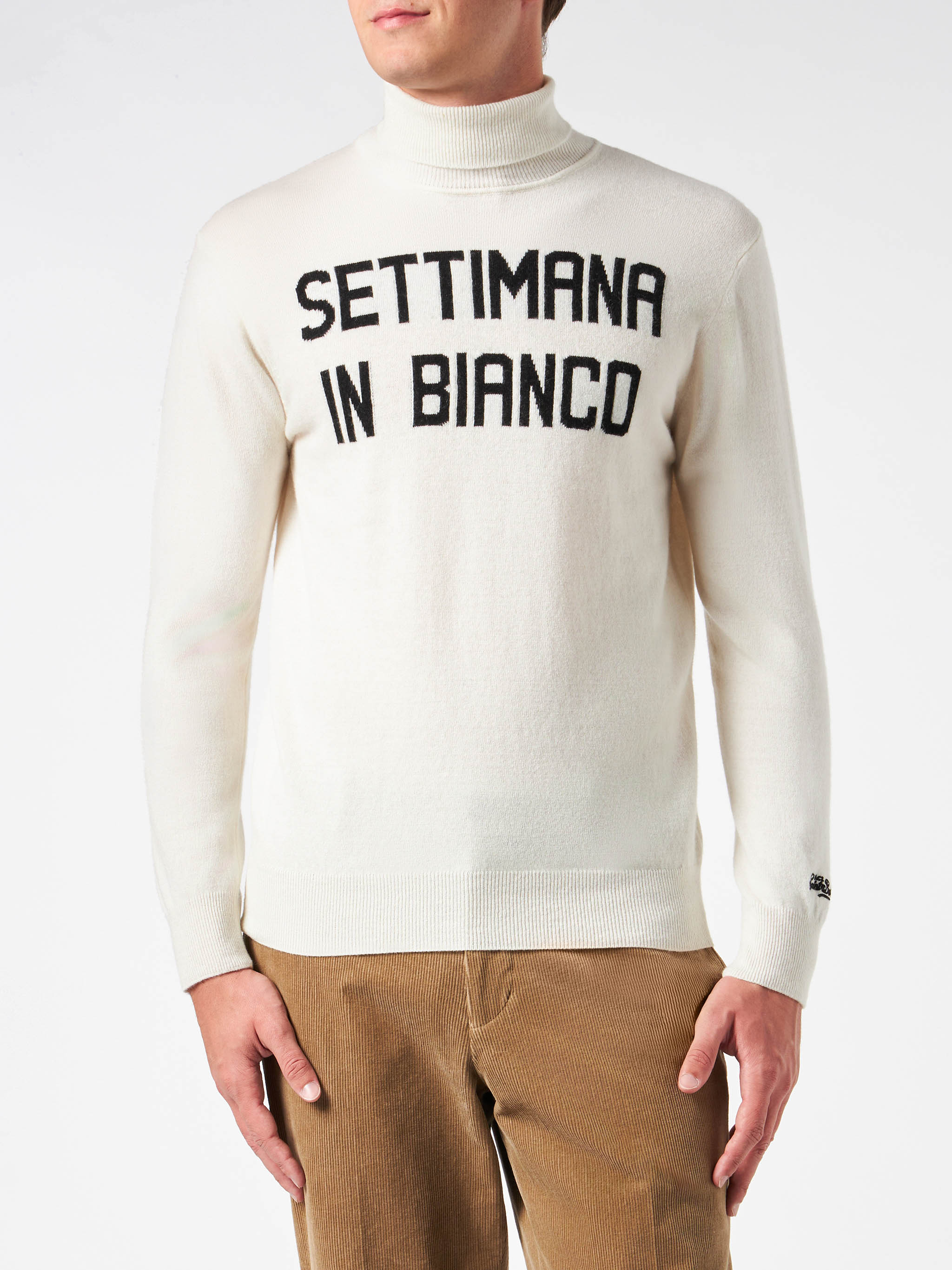 Man Turtleneck Sweater With Settimana Bianco Jacquard White