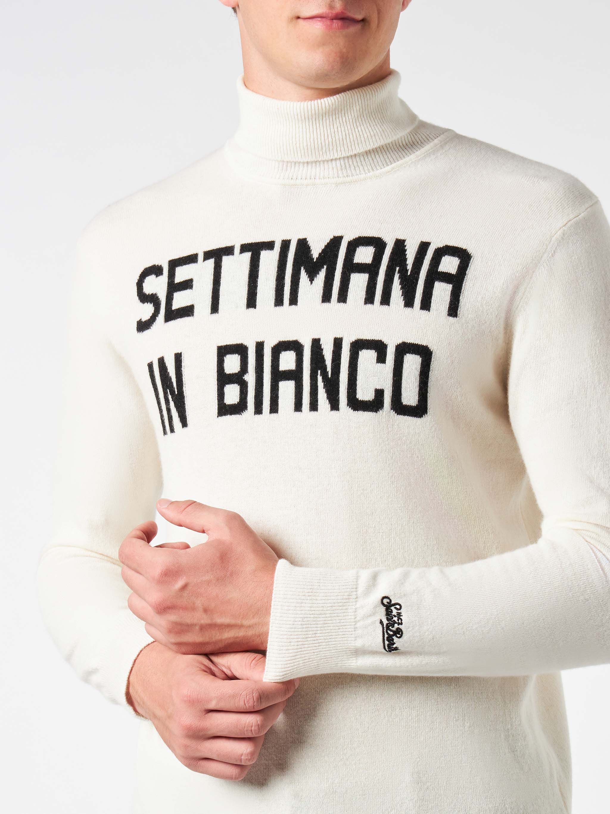 Man Turtleneck Sweater With Settimana Bianco Jacquard White