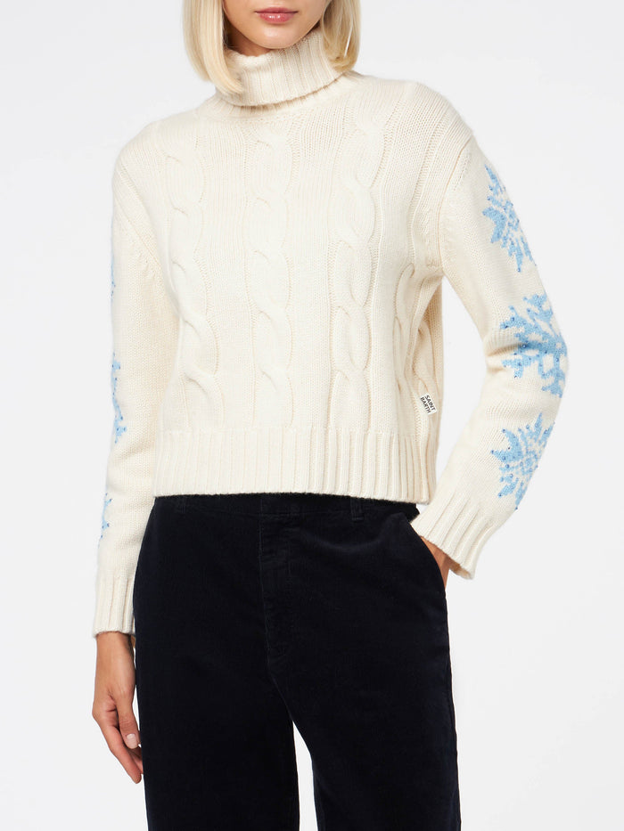 Adler White Braided Turtleneck Sweater With Snowflake Rhinestones