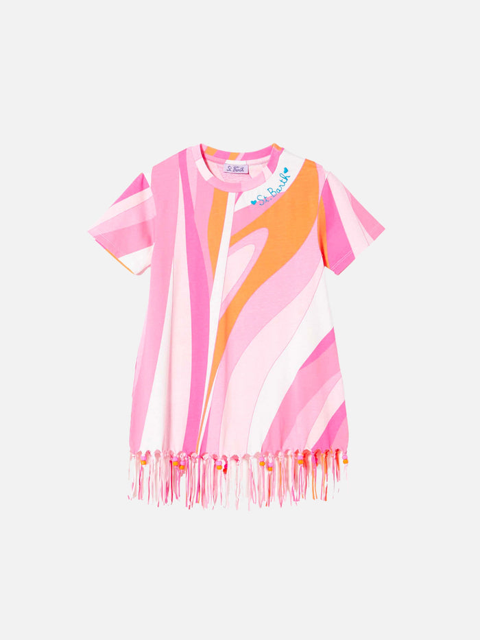 Girl Cotton Dress With Fringes And Charms Pink