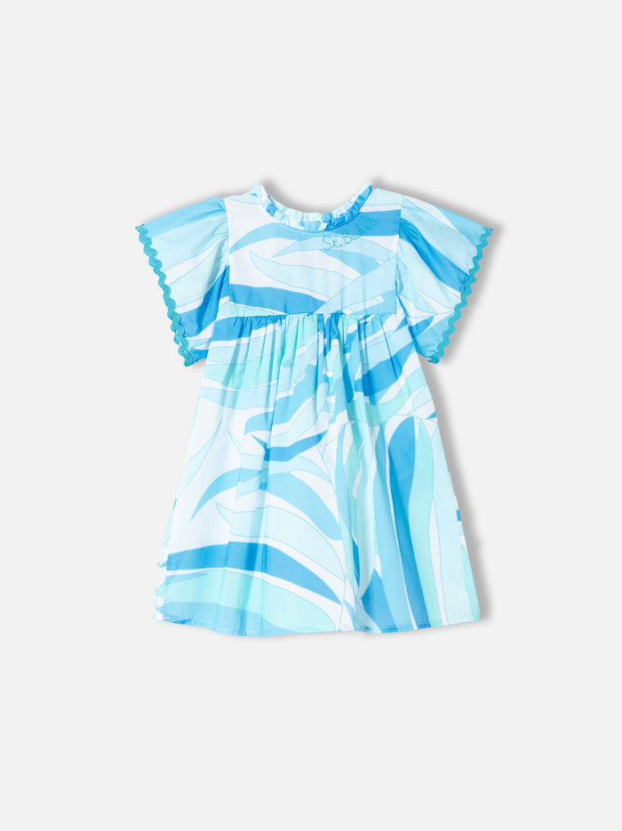 Girl Dress With Light Blue Palms Print __single__